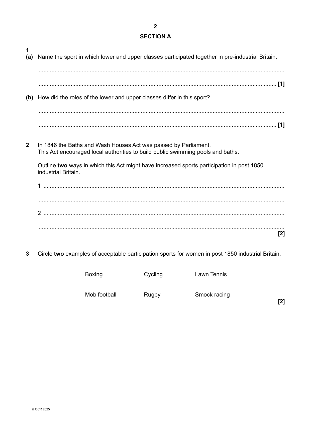 OCR A Level Physical Education Paper 3 2025 Question Paper