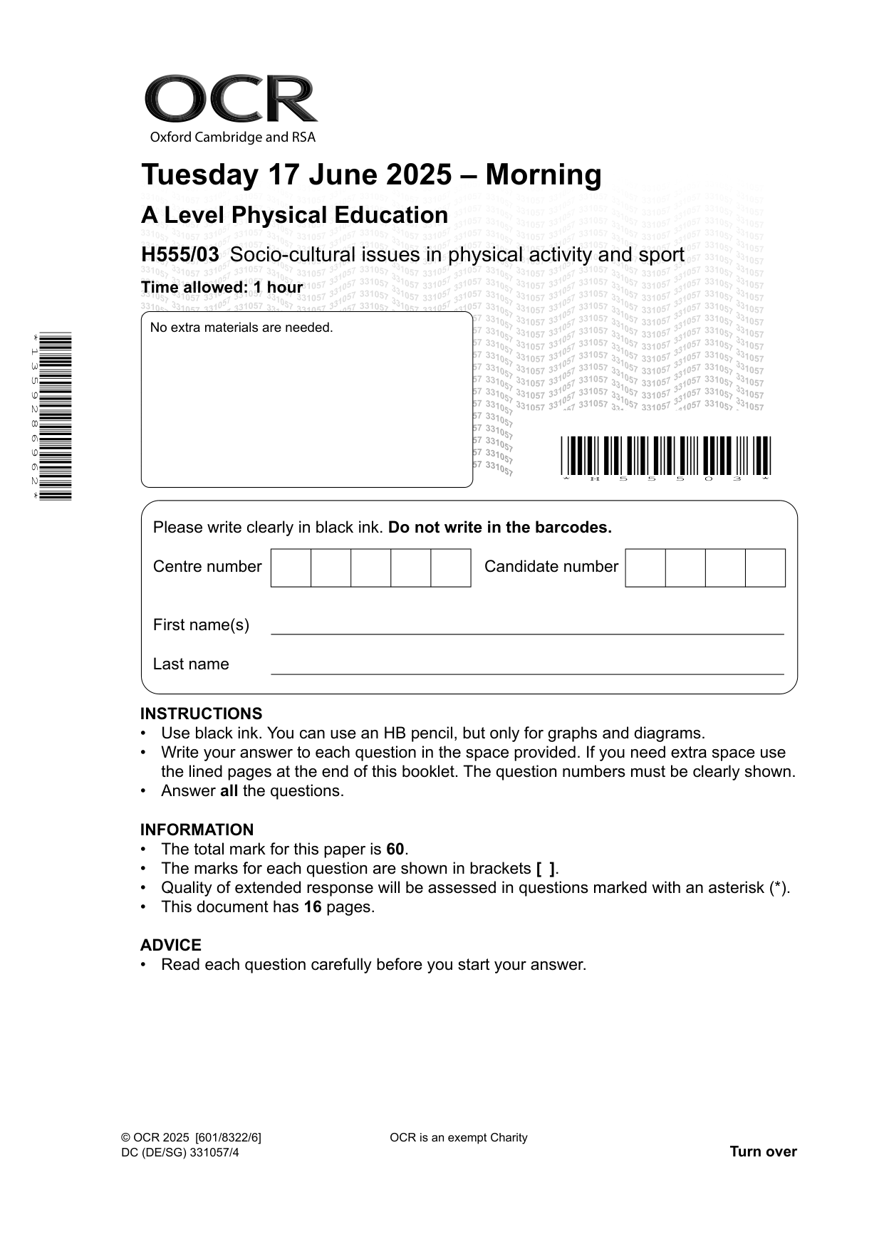 OCR A Level Physical Education Paper 3 2025 Question Paper