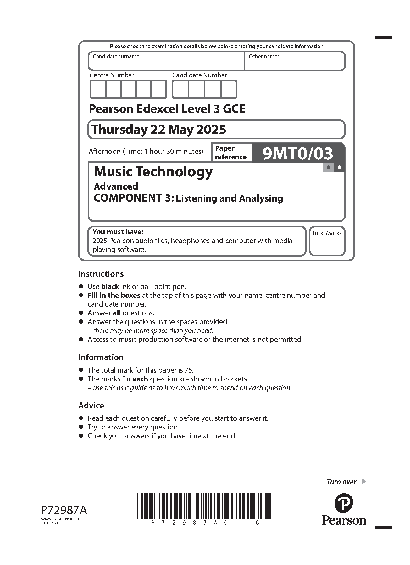 Pearson Edexcel A Level Music Technology Component 3 2025 QP