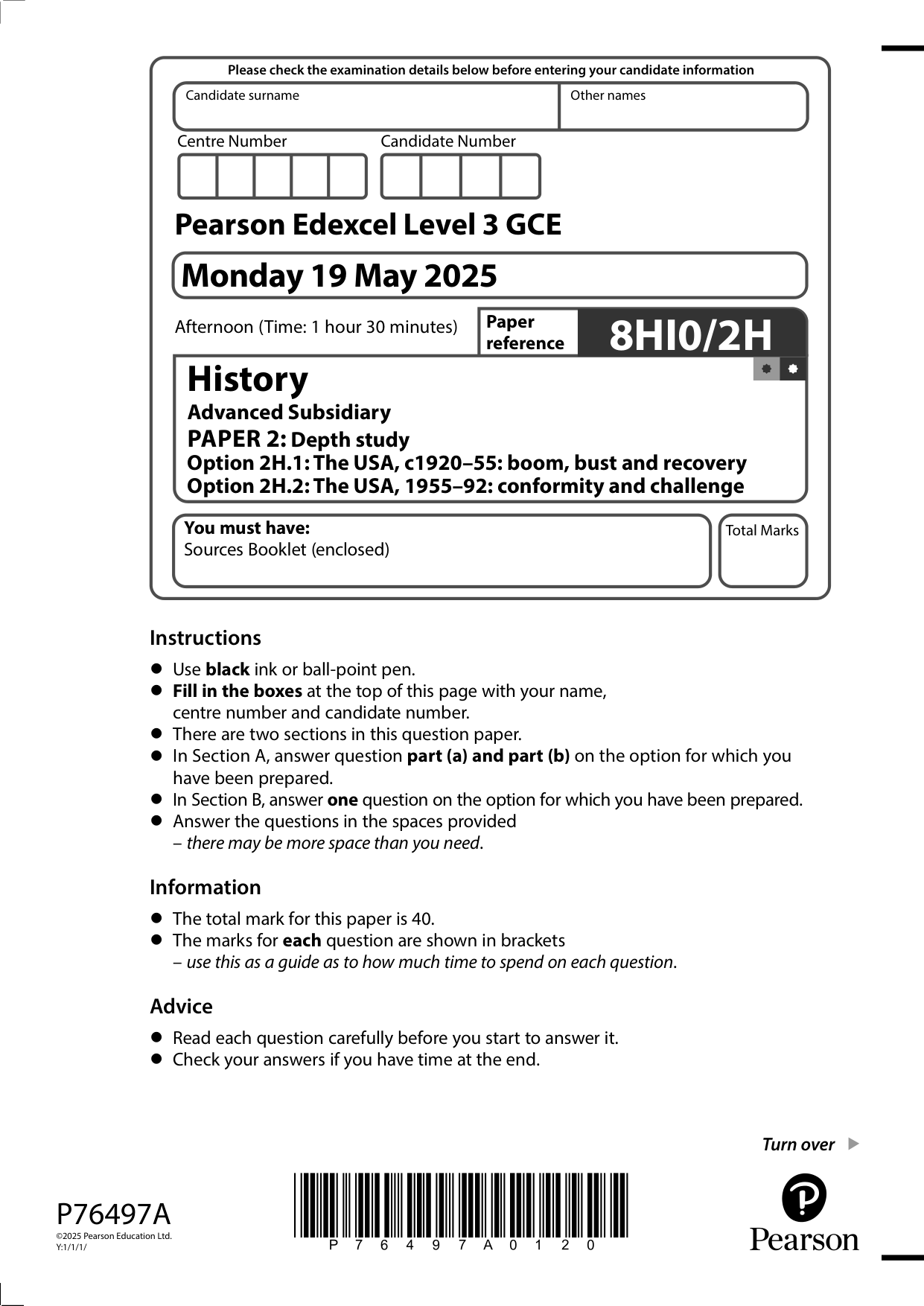 Pearson Edexcel AS History Paper 2H 2025 Question Paper PDF