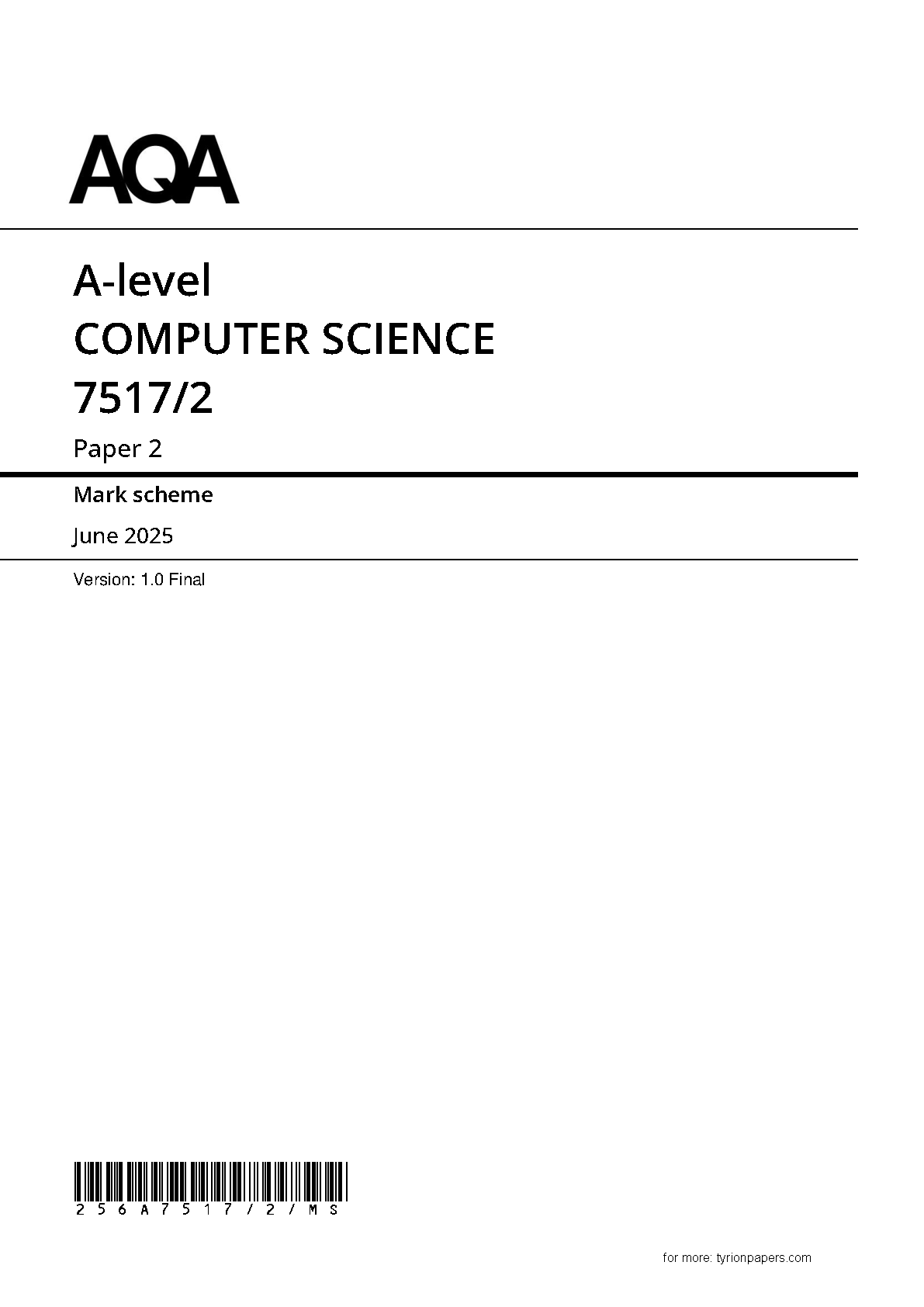 AQA A Level Computer Science Paper 2 2025 Mark Scheme
