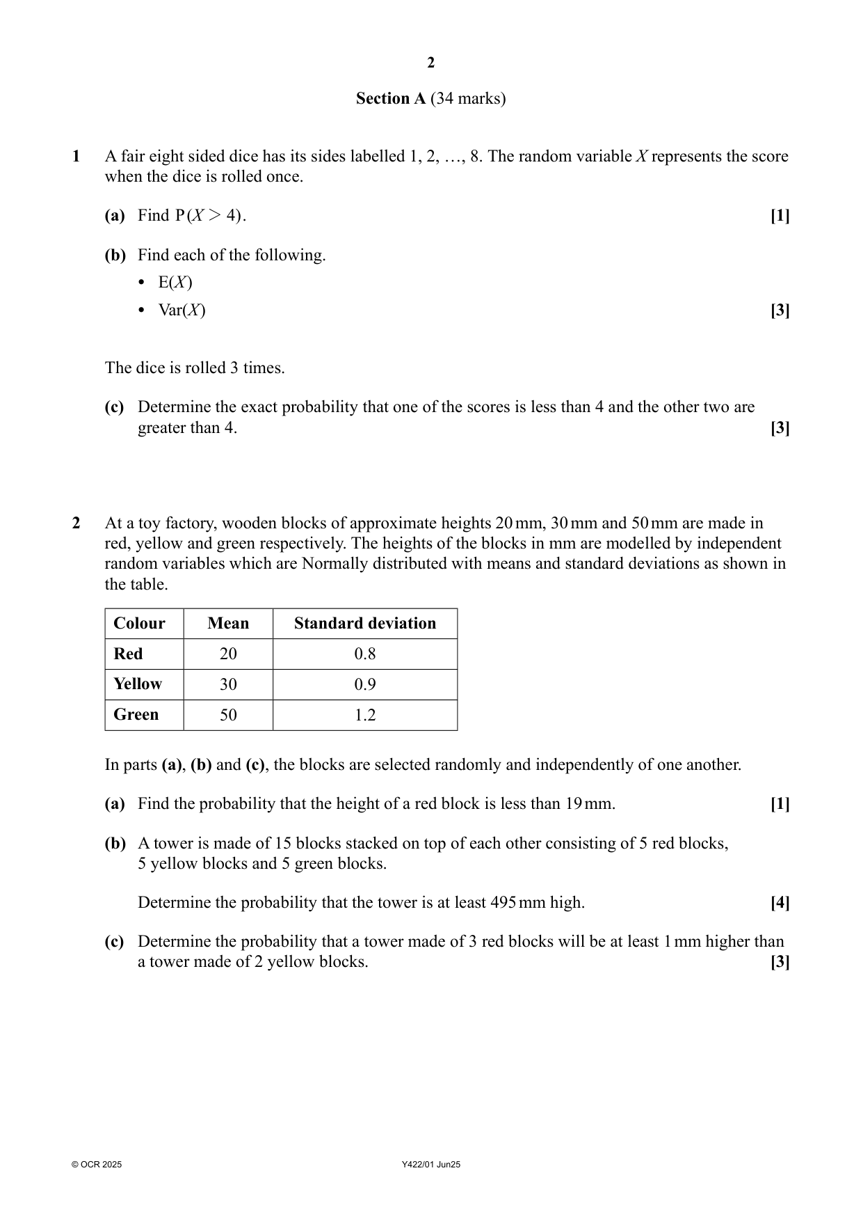 OCR A Level Further Maths Paper 1 Statistics Major 2025 QP