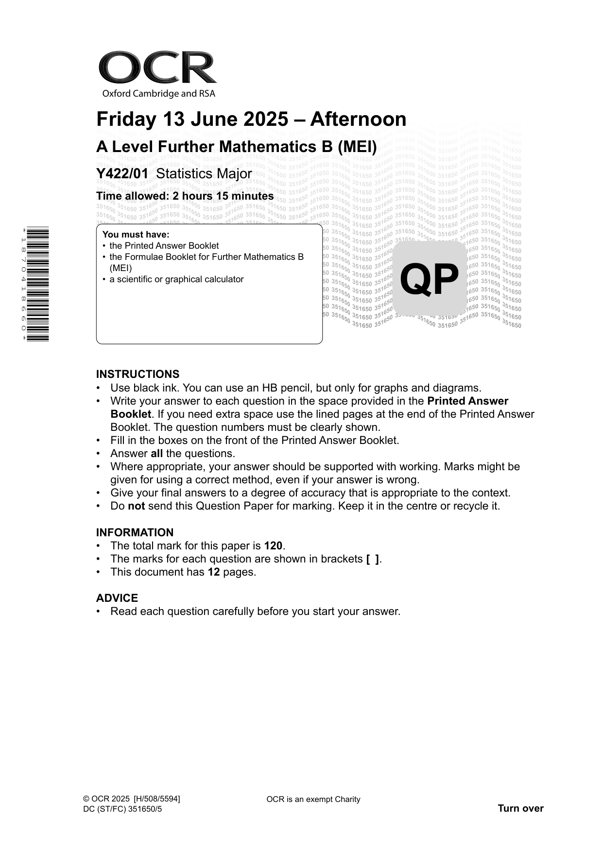 OCR A Level Further Maths Paper 1 Statistics Major 2025 QP