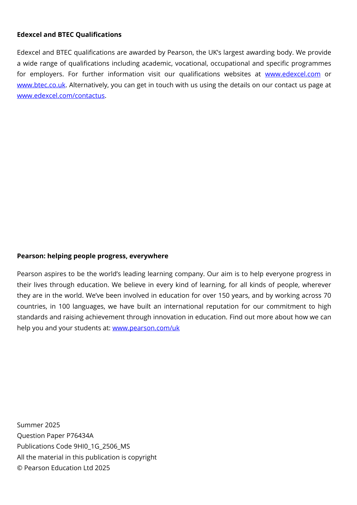 Pearson Edexcel A Level History Paper 1G 2025 Mark Scheme