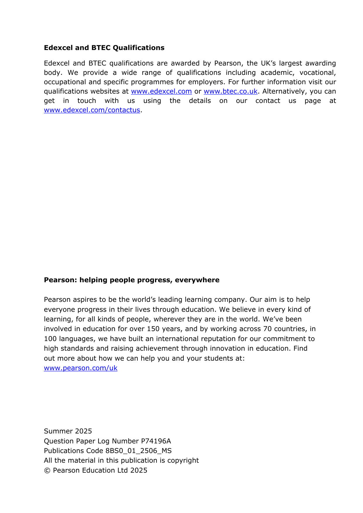 Pearson Edexcel AS Business Paper 1 2025 Mark Scheme