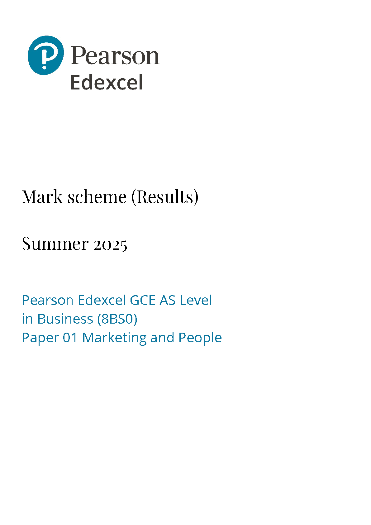Pearson Edexcel AS Business Paper 1 2025 Mark Scheme