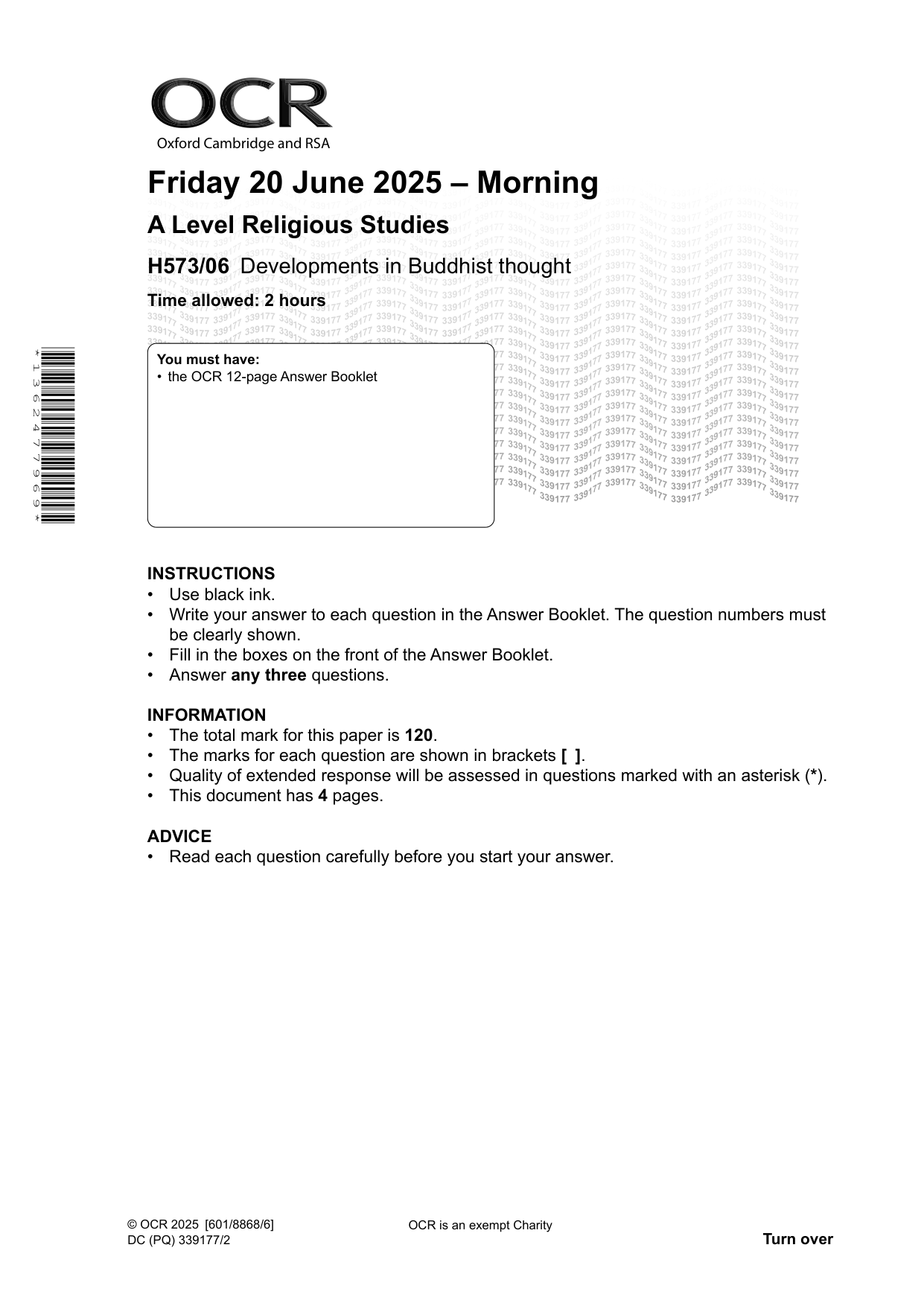 OCR A Level Religious Studies Paper 6 2025 QP
