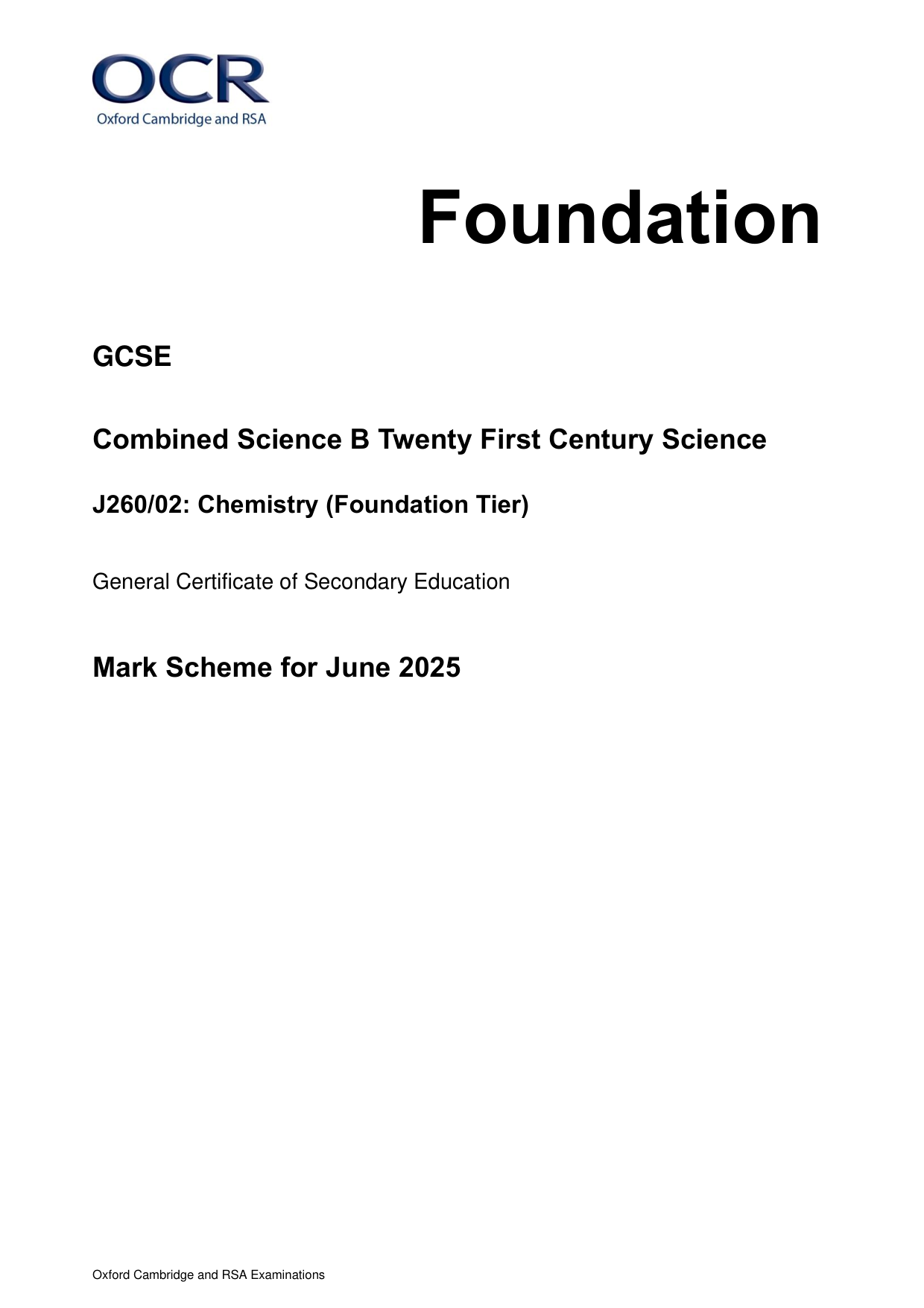 OCR GCSE Chemistry Paper 2 2025 Mark Scheme