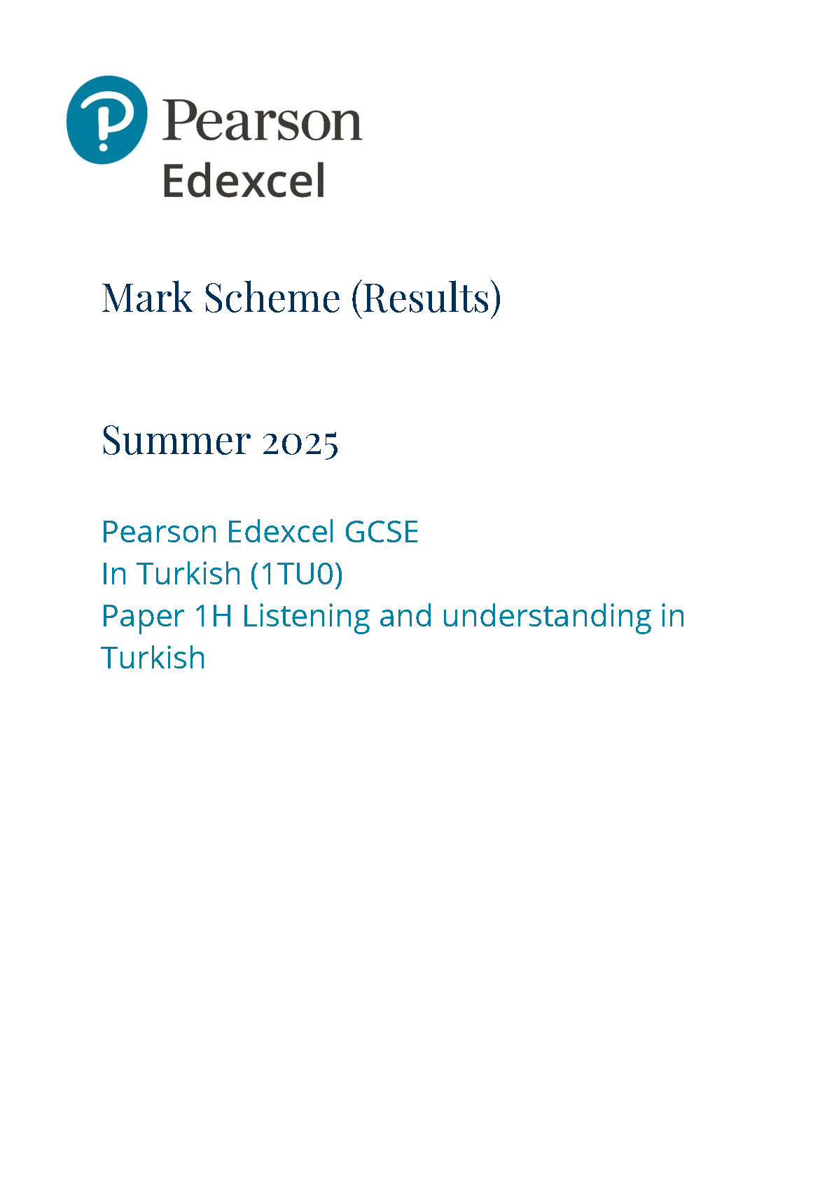 Pearson Edexcel GCSE Turkish Paper 1H 2025 Mark Scheme IMG-1