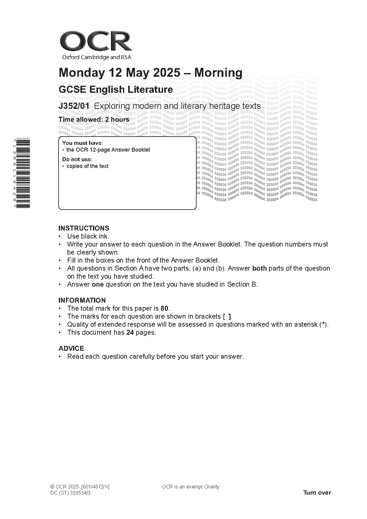 OCR GCSE English Literature Paper 1 2025 Question Paper