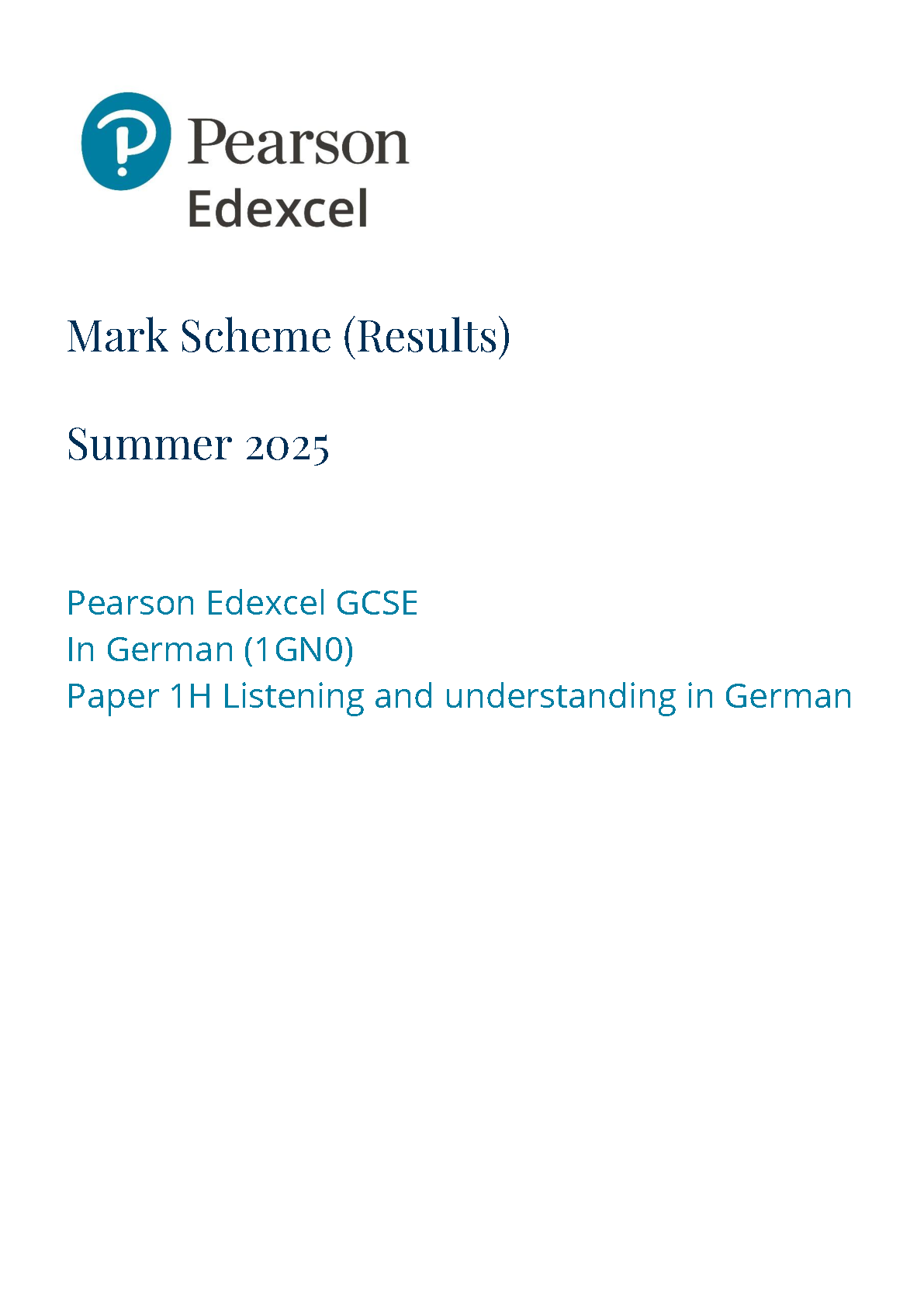 Pearson Edexcel GCSE German Paper 1H 2025 Mark Scheme PDF IMG-1