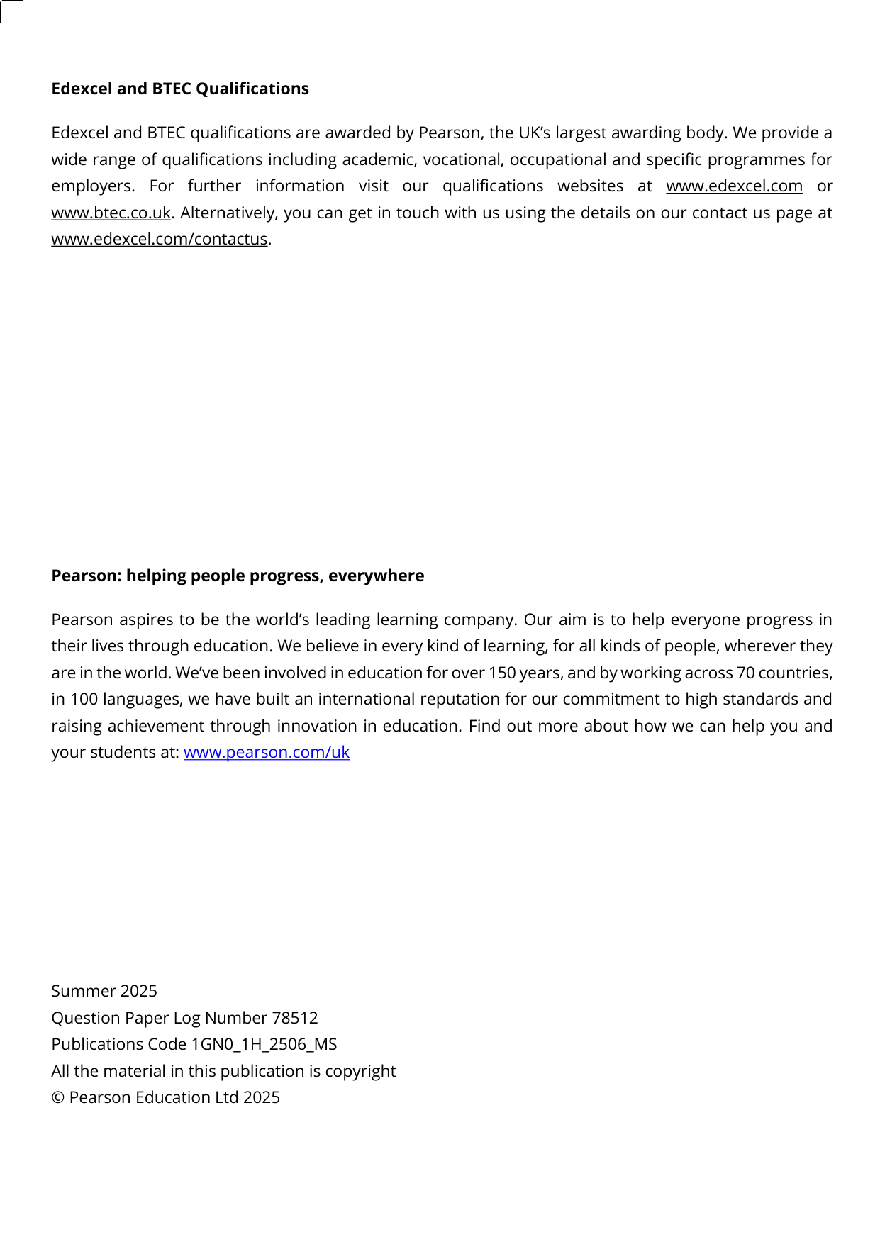 Pearson Edexcel GCSE German Paper 1H 2025 Mark Scheme PDF