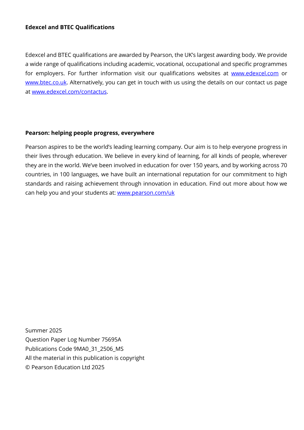 Pearson Edexcel A Level Mathematics Paper 31 2025 Ms