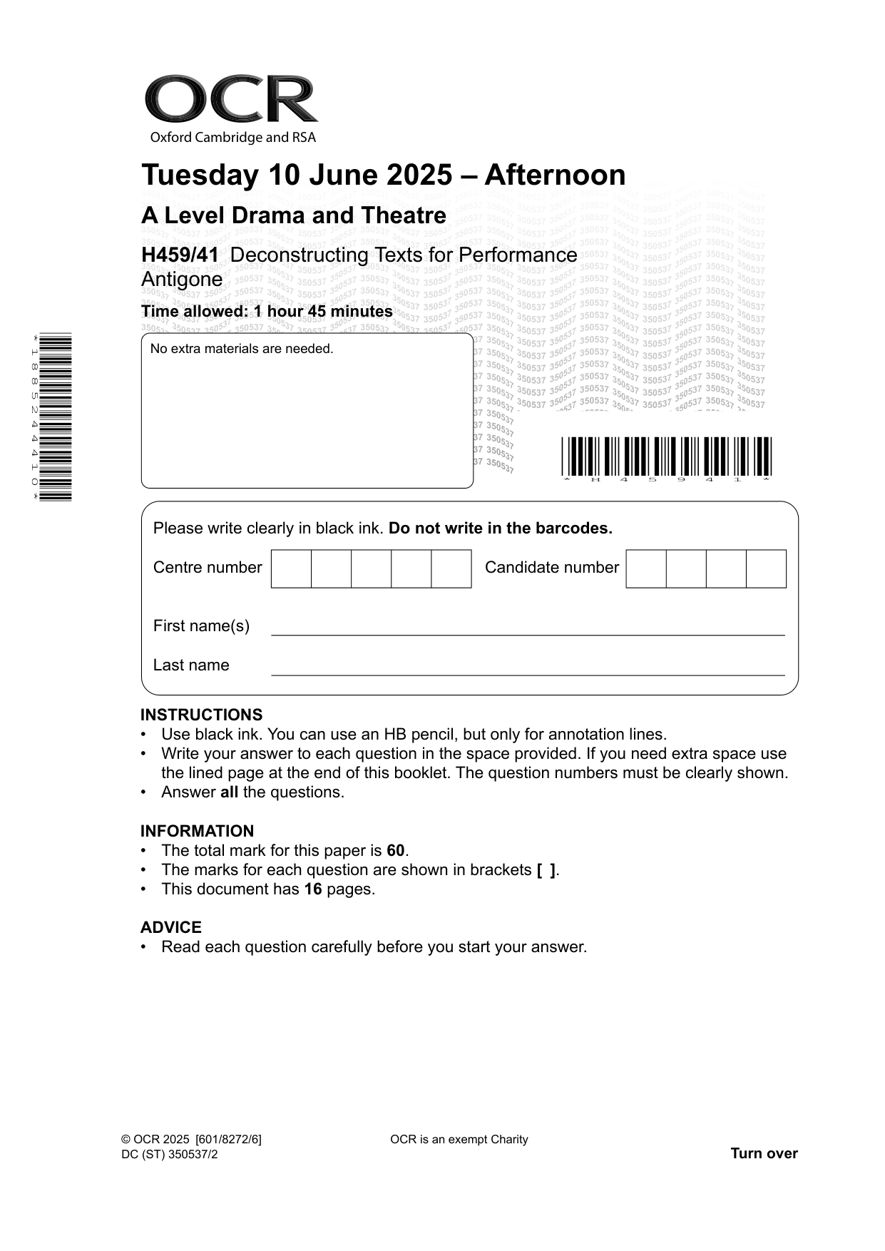 OCR A Level Drama and Theatre Paper 41 Question Paper