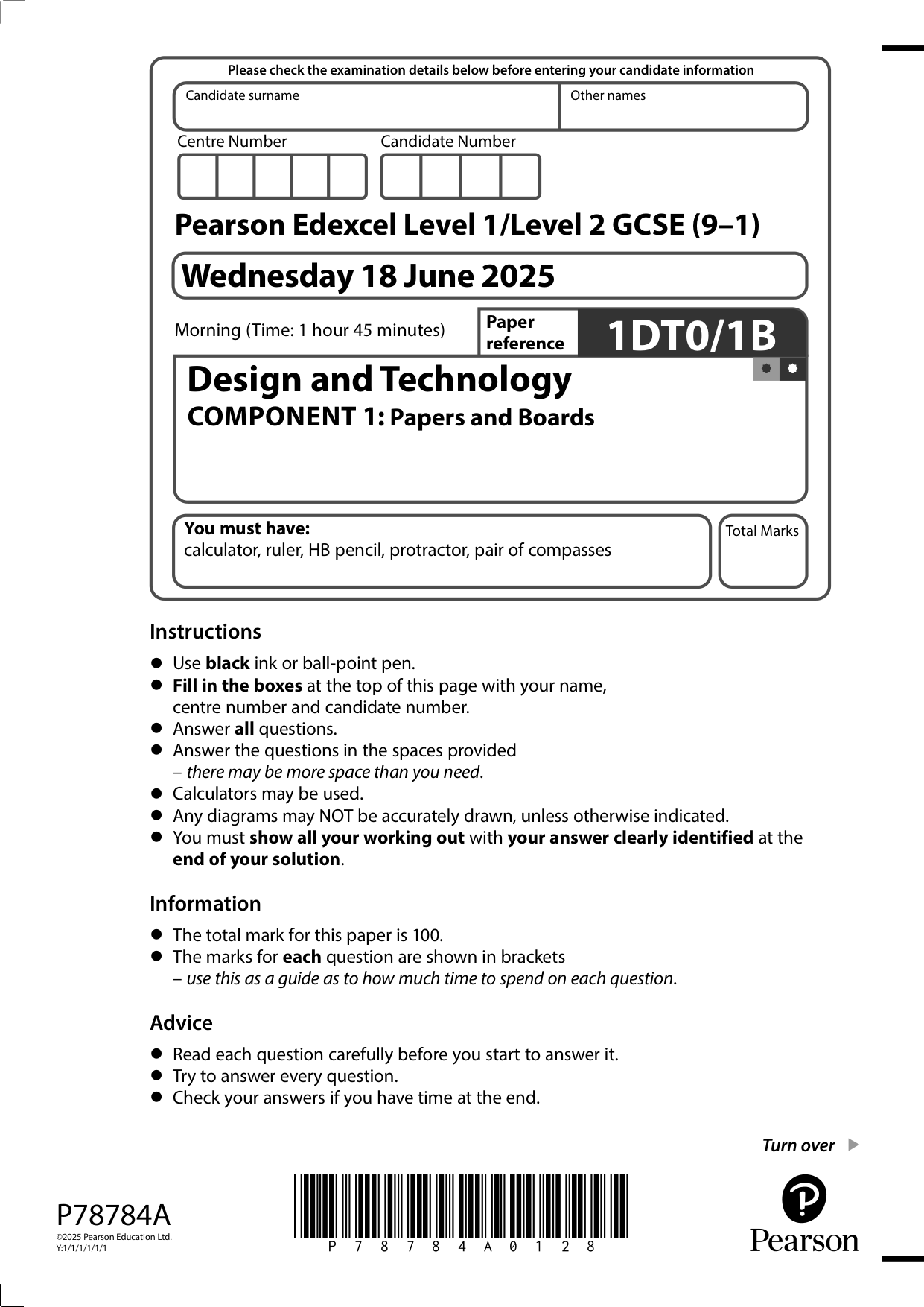 Pearson Edexcel GCSE Design and Technology Paper 1B Q P
