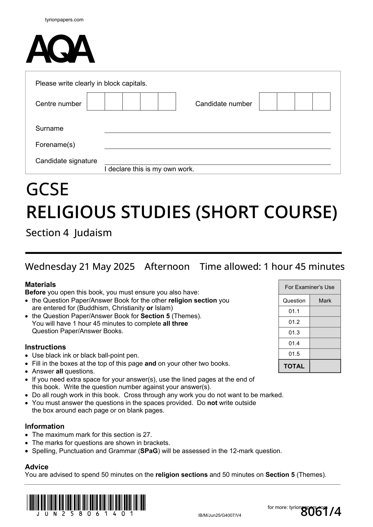 AQA GCSE Religious Studies Judaism Paper 4  2025 QP