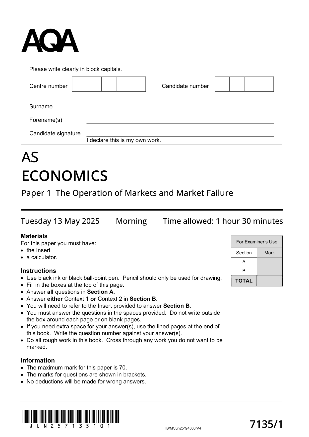 AQA AS Economics Paper 1 2025 Question Paper PDF