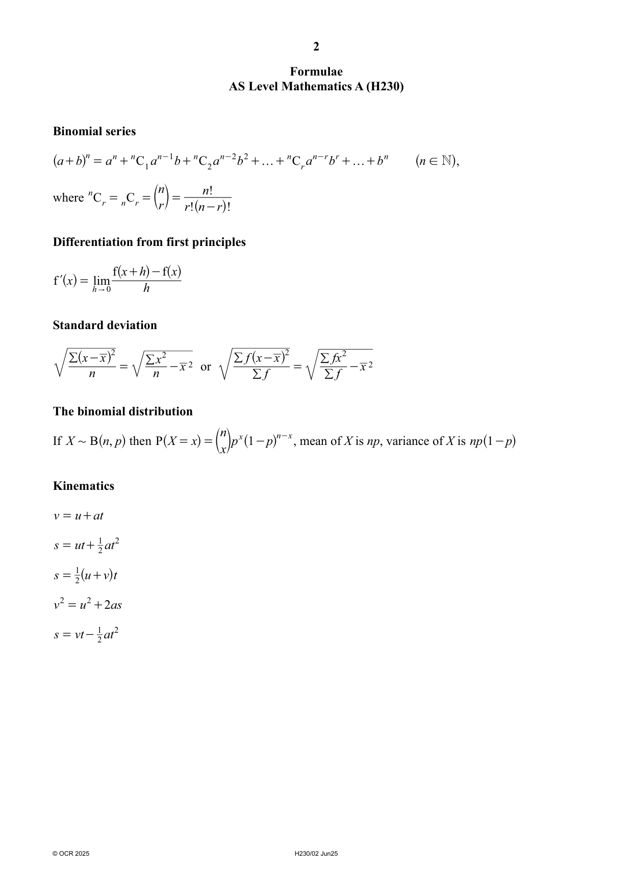 OCR AS Mathematics A Paper 2 2025 Question Paper