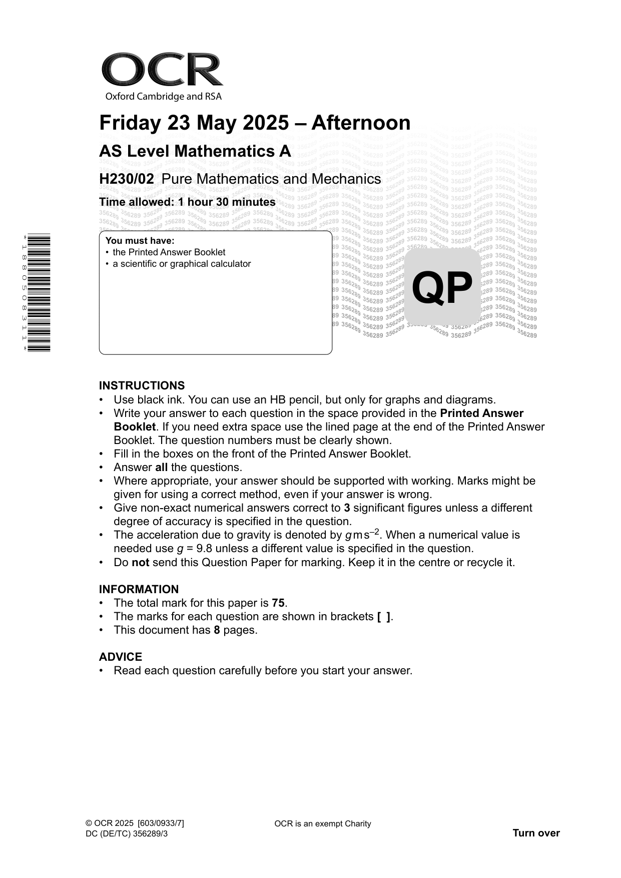 OCR AS Mathematics A Paper 2 2025 Question Paper