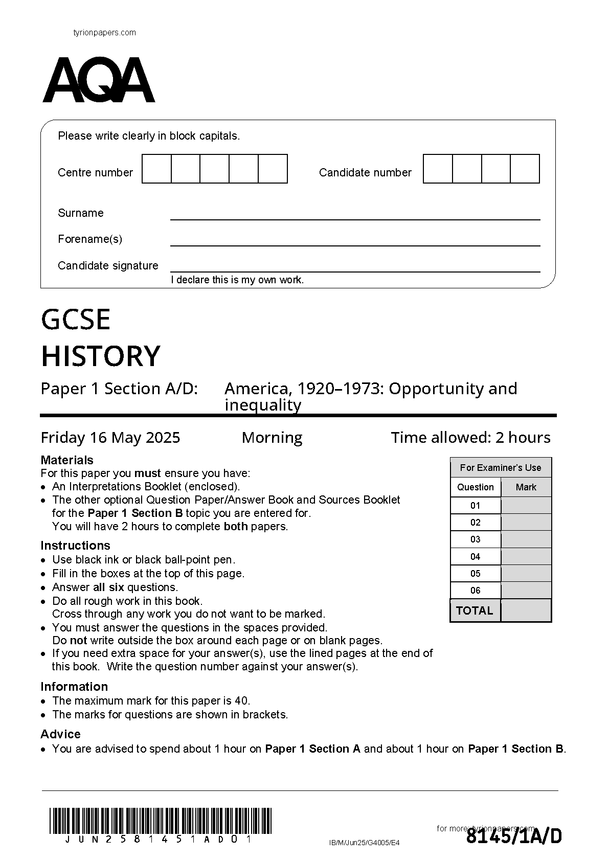 AQA GCSE History Paper 1A Section A/D 2025 Question Paper IMG-1