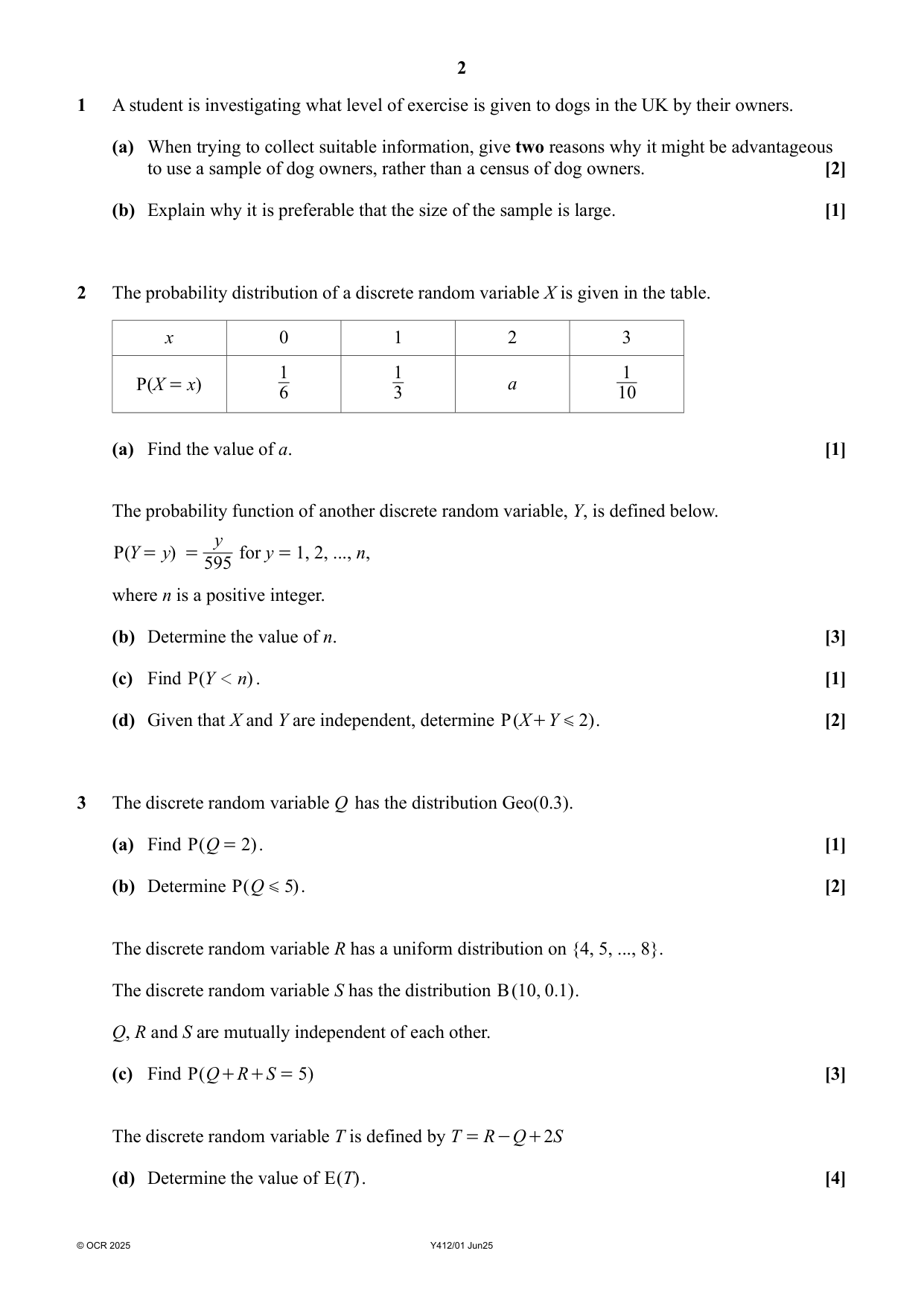 OCR AS Further Maths Paper 1 Statistics June 2025 QP