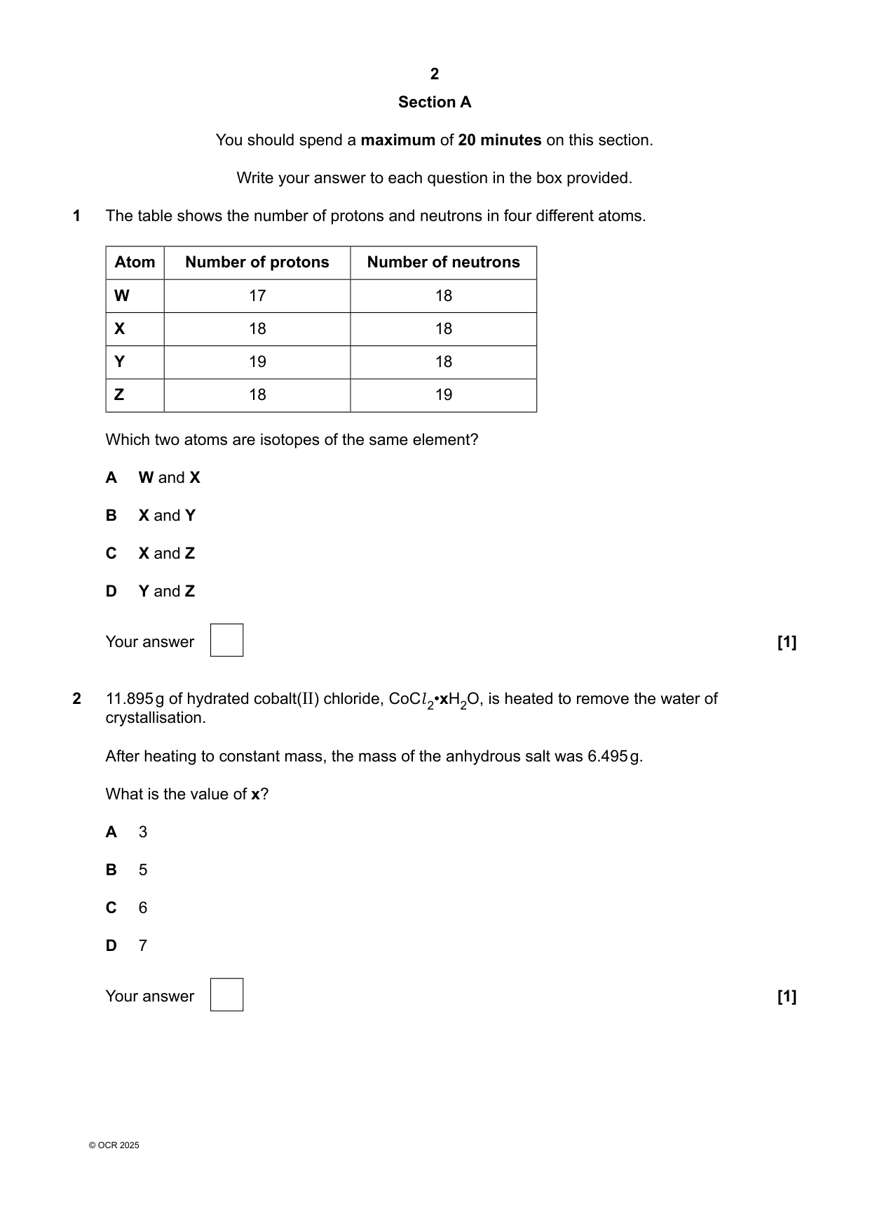 OCR A Level Chemistry A Paper 1 2025 Question Paper