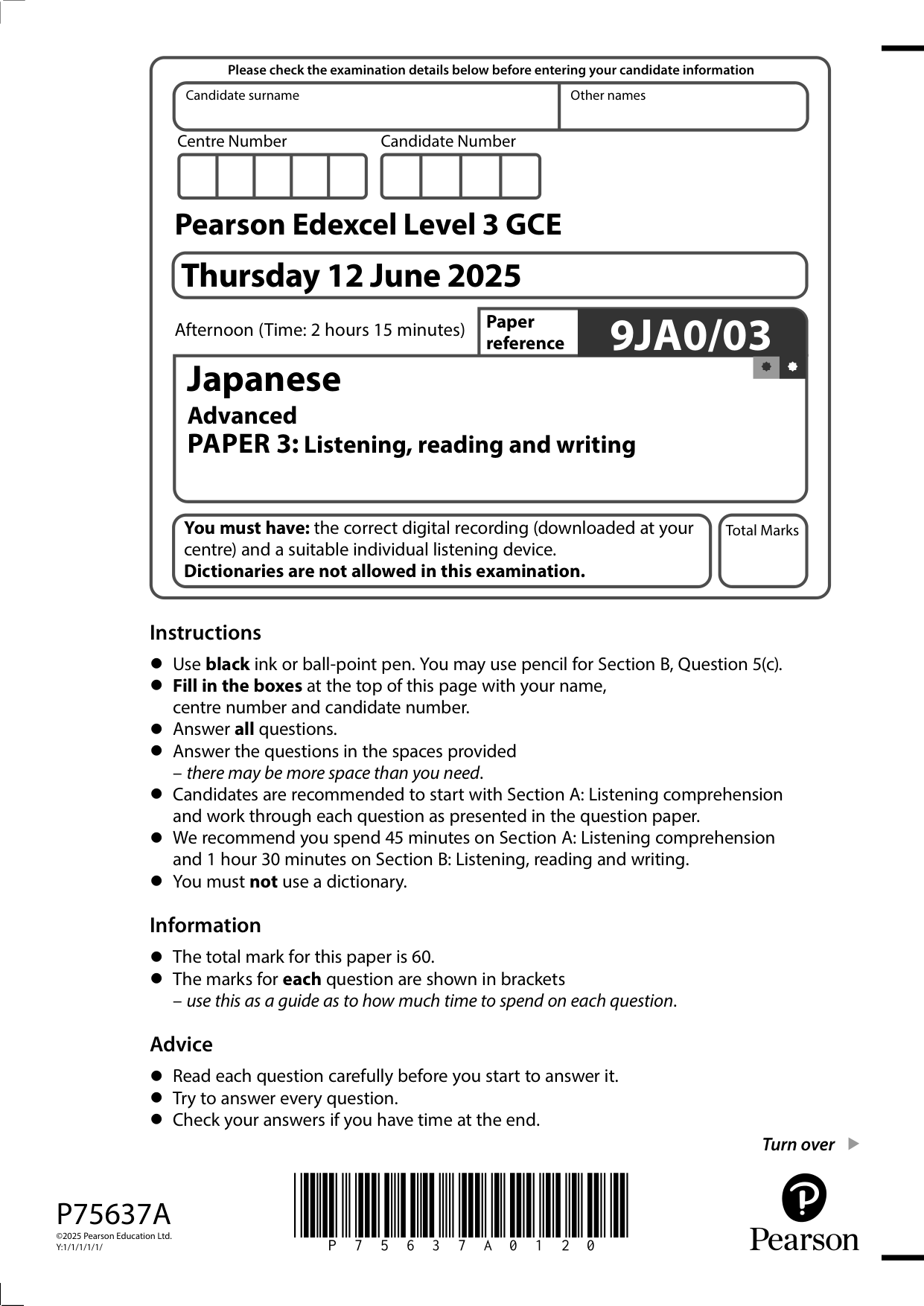 Pearson Edexcel A Level Japanese Paper 3 2025 Question Paper