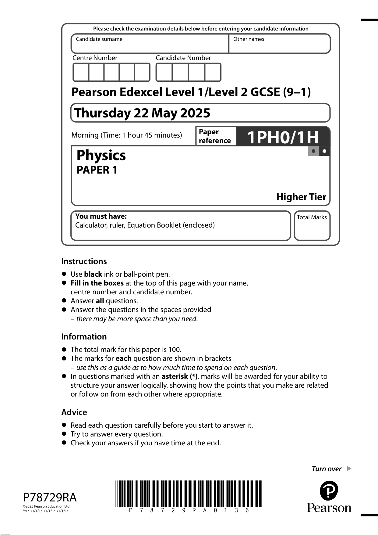 Pearson Edexcel GCSE Physics Paper 1H 2025 Question Paper