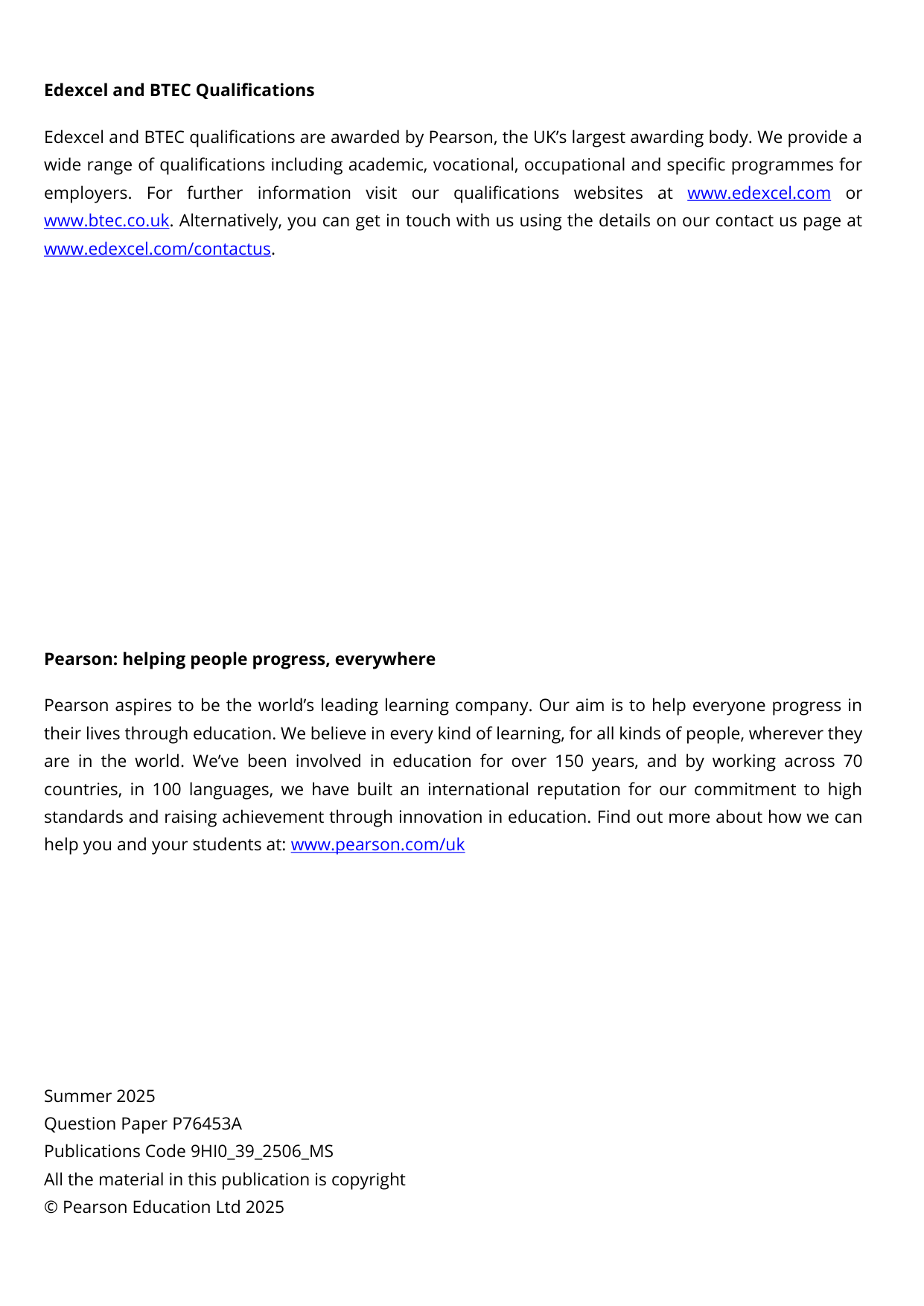 Pearson Edexcel A Level History Paper 39 2025 Mark Scheme