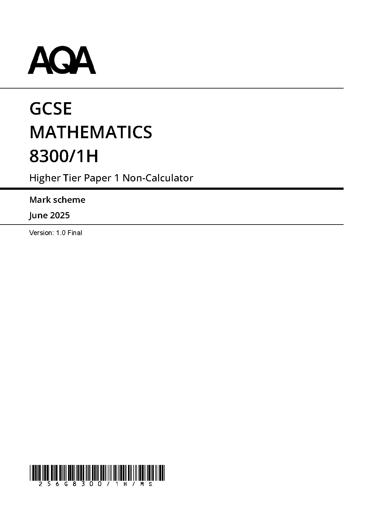 AQA GCSE Maths Paper 1H 2025 Mark Scheme PDF IMG-1