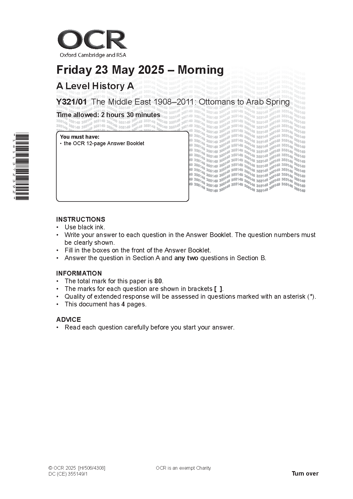 OCR A Level History A Paper 1 2025 Question Paper