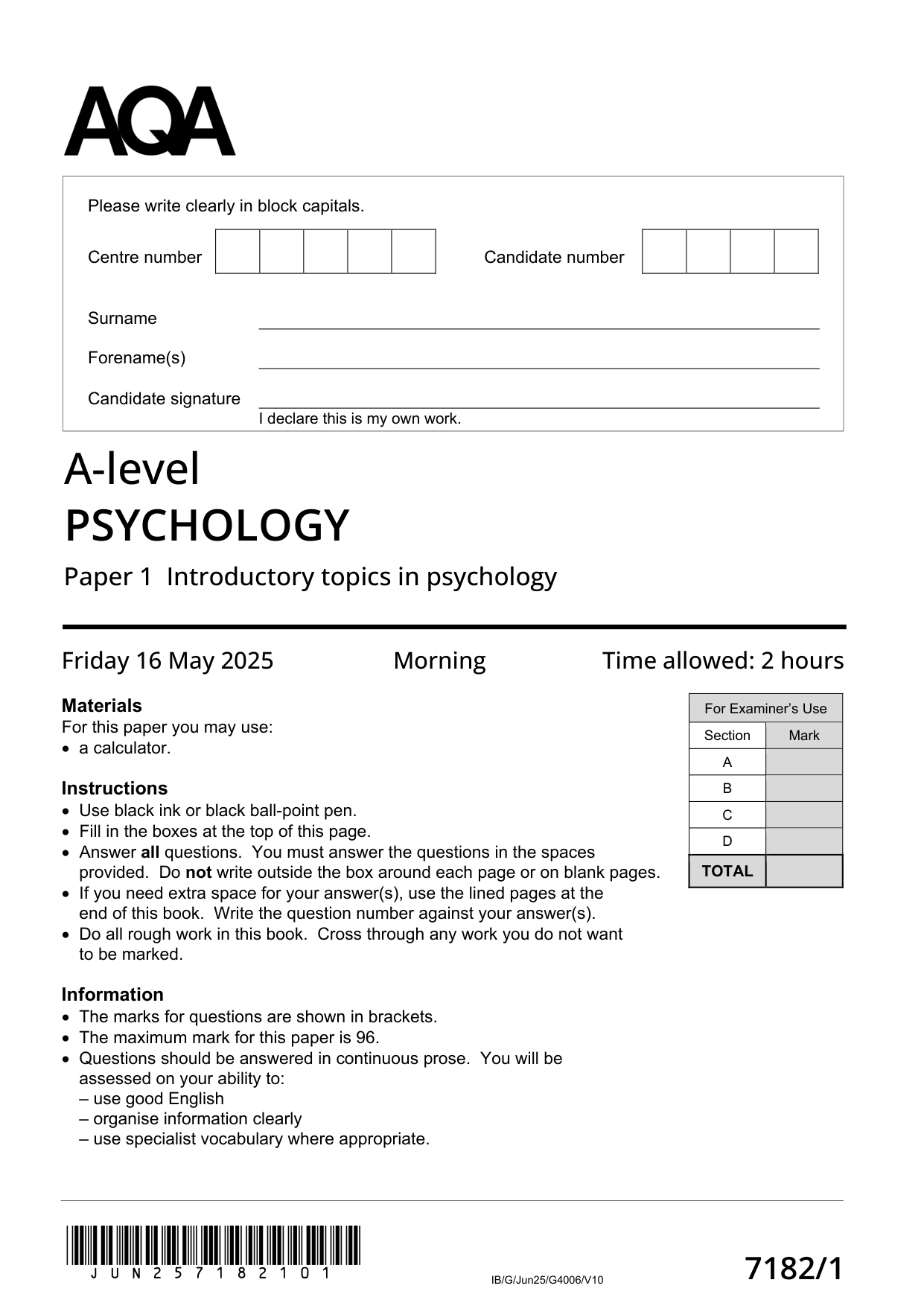 AQA A Level Psychology Paper 1 2025 Question Paper