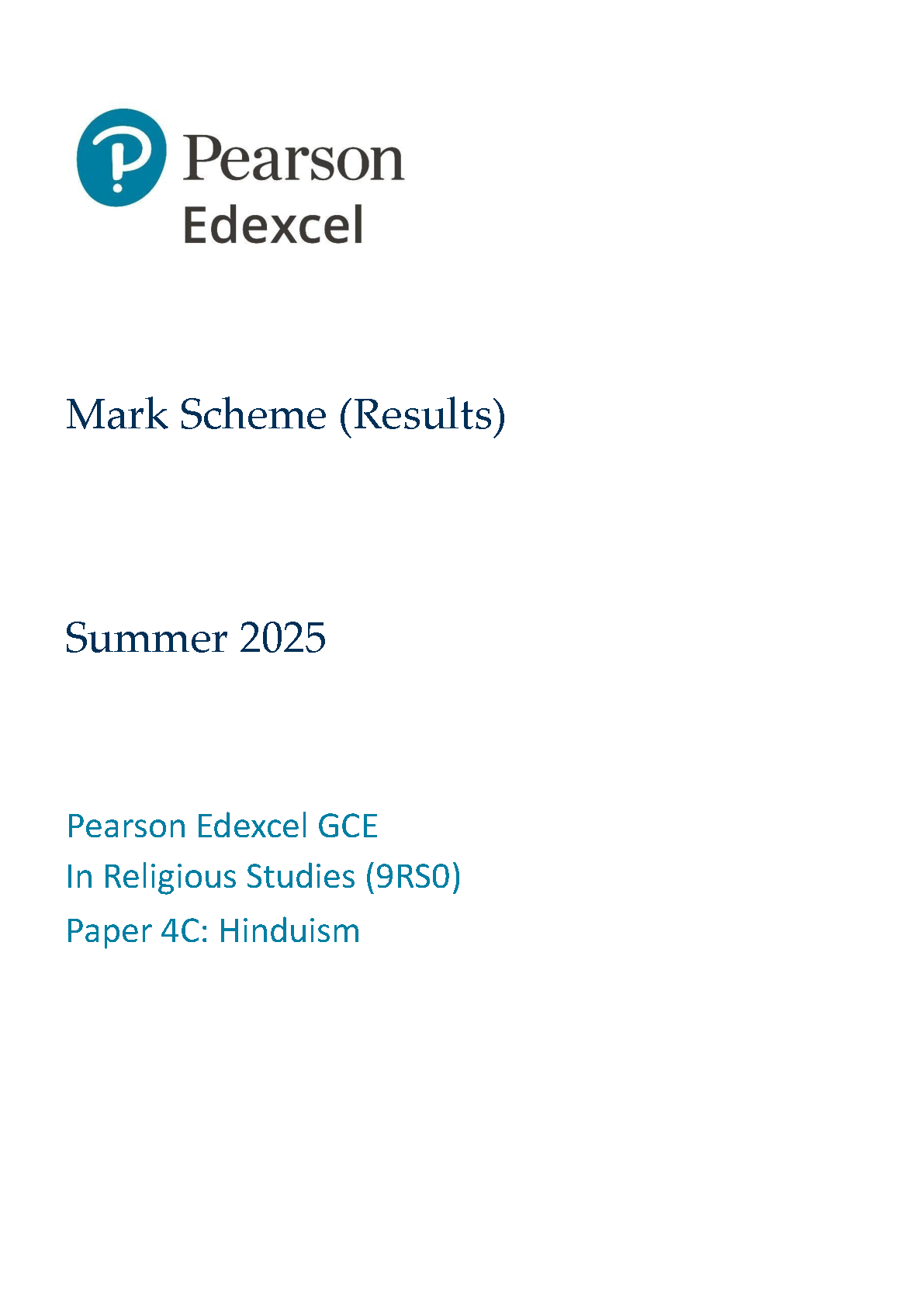 Pearson Edexcel A Level Religious Studies Paper 4C 2025 Ms