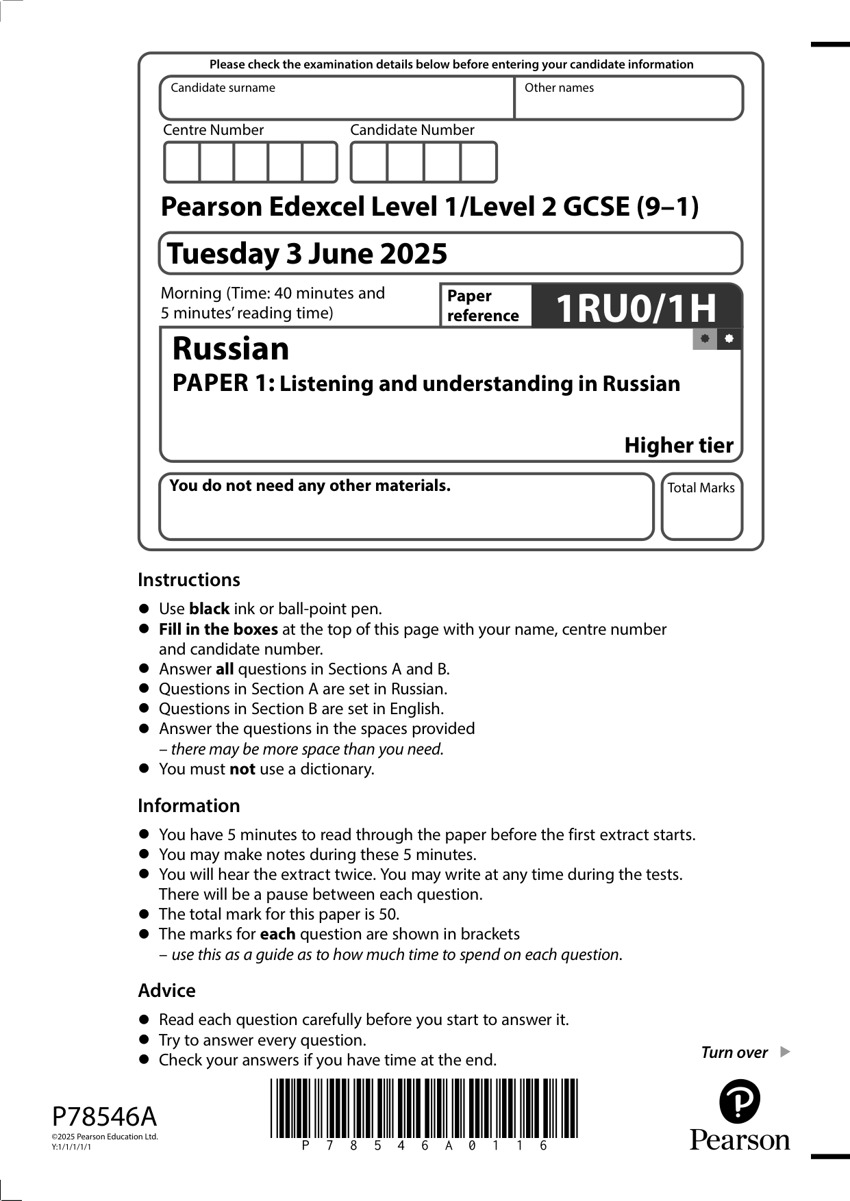Pearson Edexcel GCSE Russian Paper 1H 2025 Question Paper