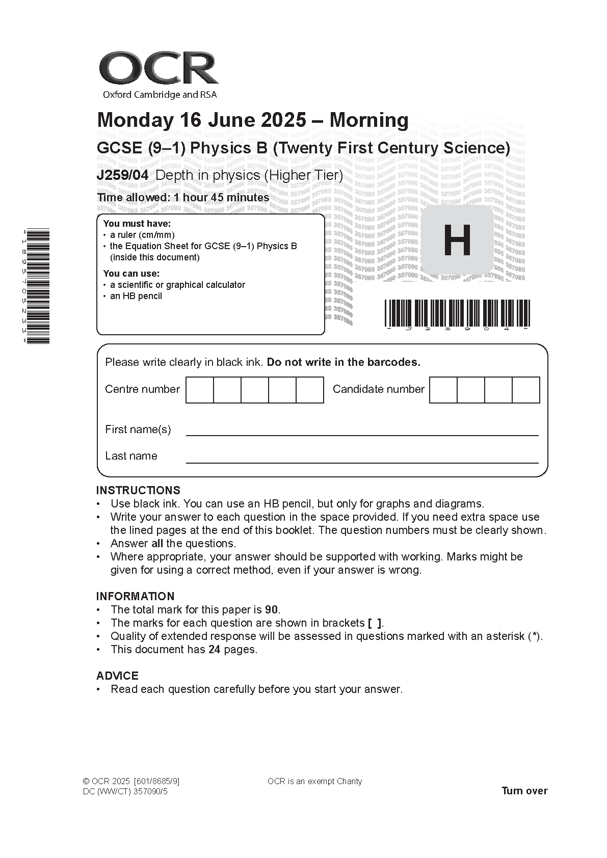 OCR GCSE Physics B Paper 4 2025 Question Paper