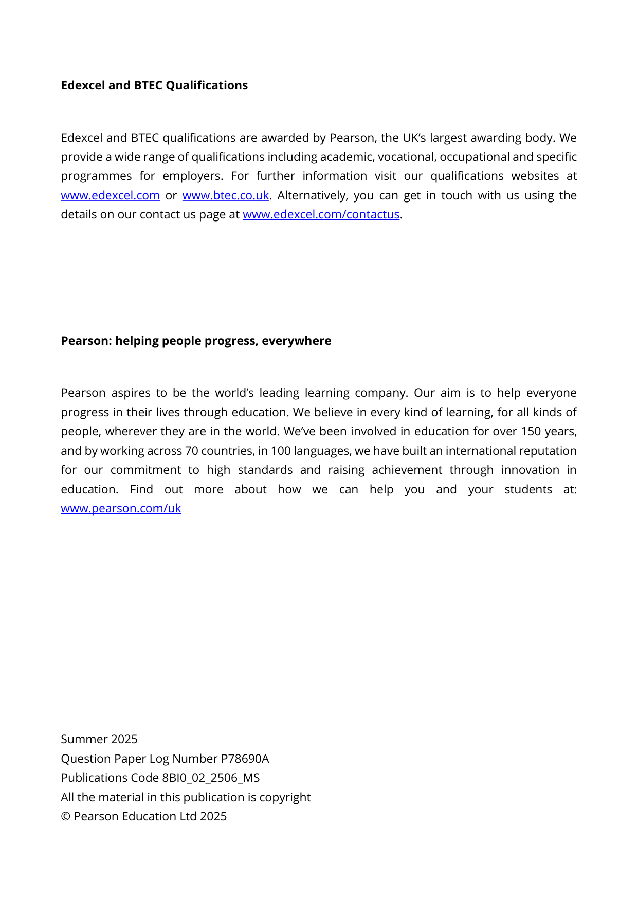 Pearson Edexcel AS Biology B Paper 2 2025 Mark Scheme