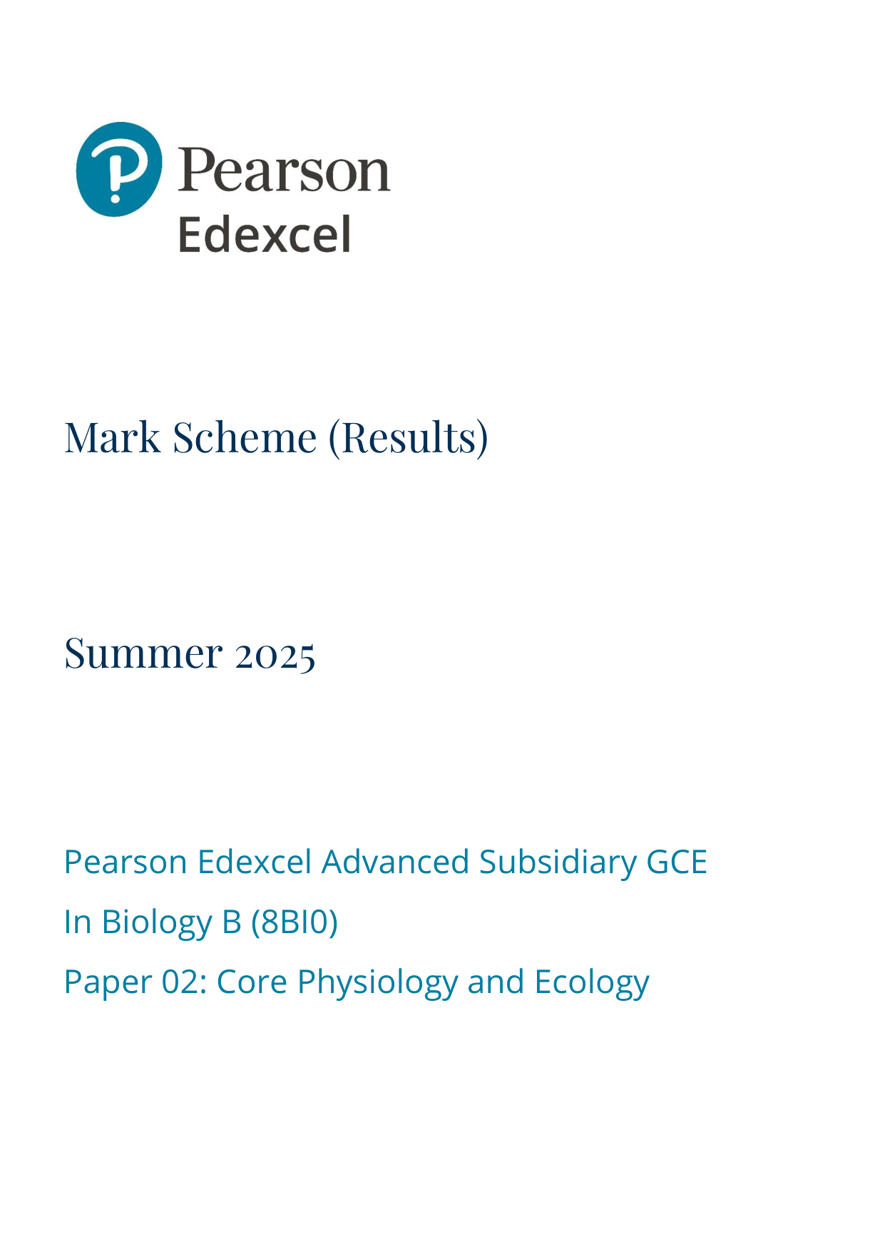 Pearson Edexcel AS Biology B Paper 2 2025 Mark Scheme