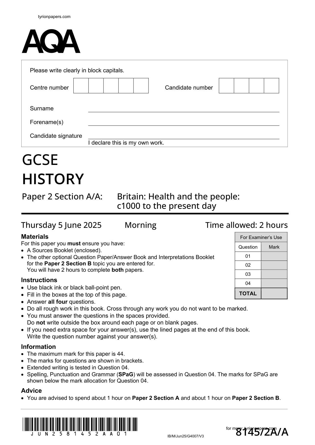 AQA GCSE History Paper 2 Section A/A 2025 Question Paper