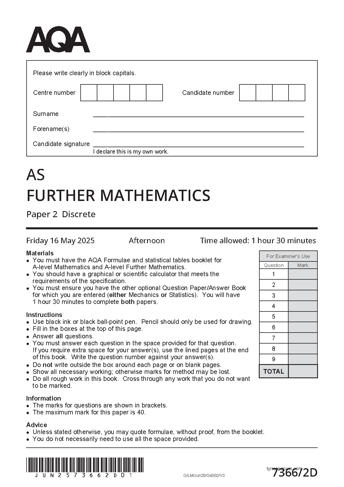 AQA AS Further Mathematics Paper 2  2025 QP IMG-1