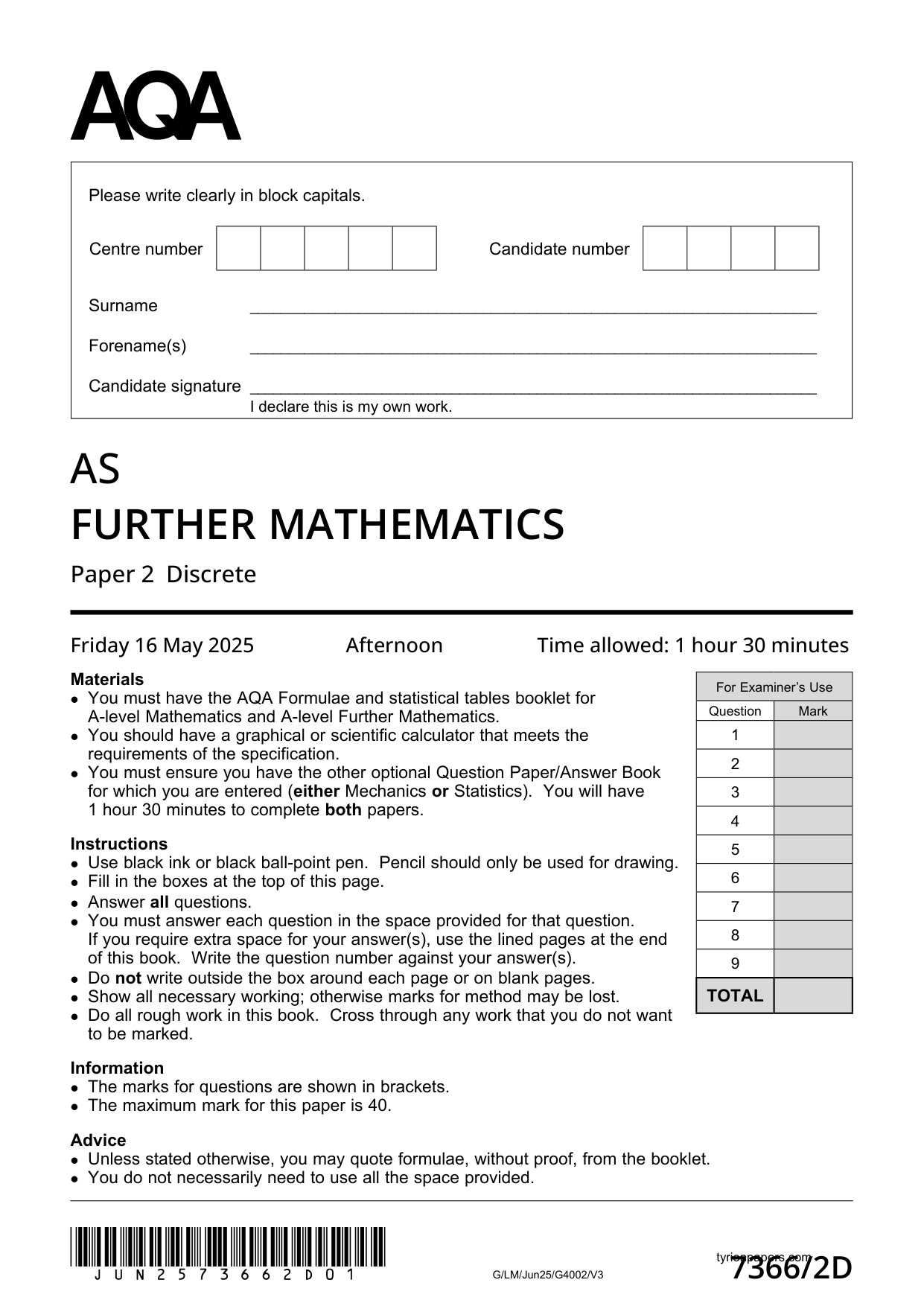AQA AS Further Mathematics Paper 2  2025 QP