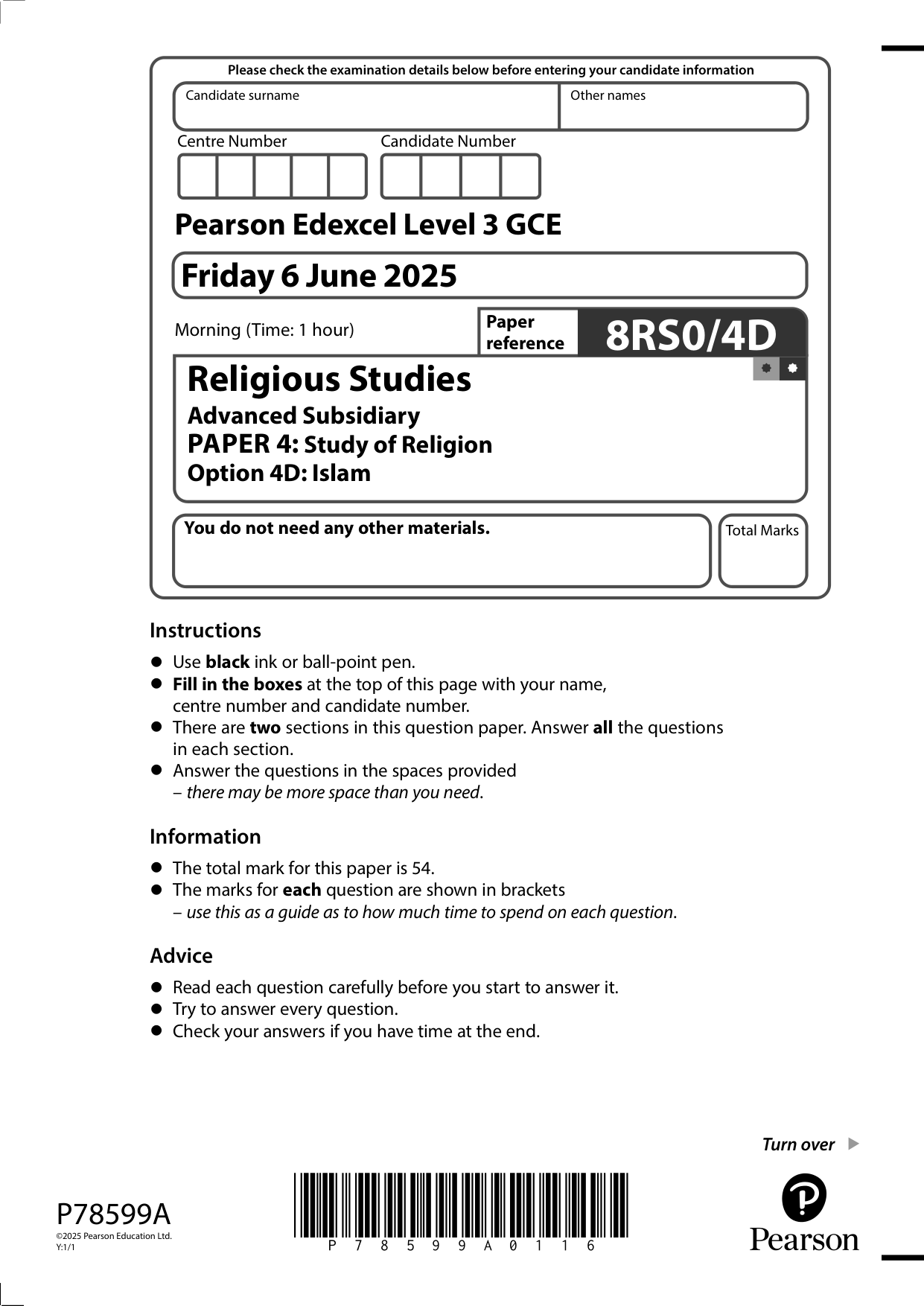 Pearson Edexcel AS Religious Studies  4D 2025 QP
