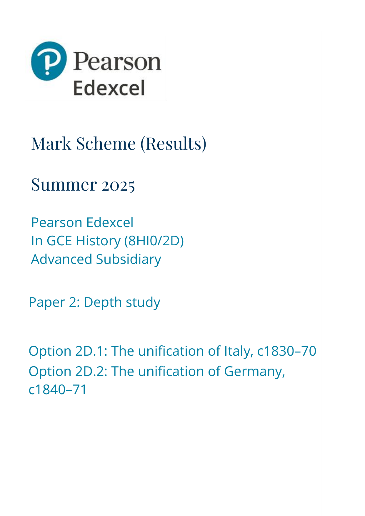 Pearson Edexcel AS History Paper 2D 2025 Mark Scheme PDF