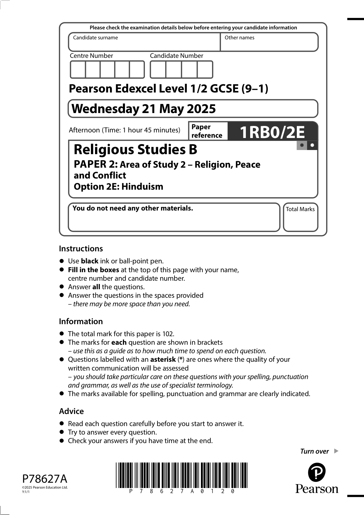 Pearson Edexcel GCSE Religious Studies B Paper 2E 2025 QP