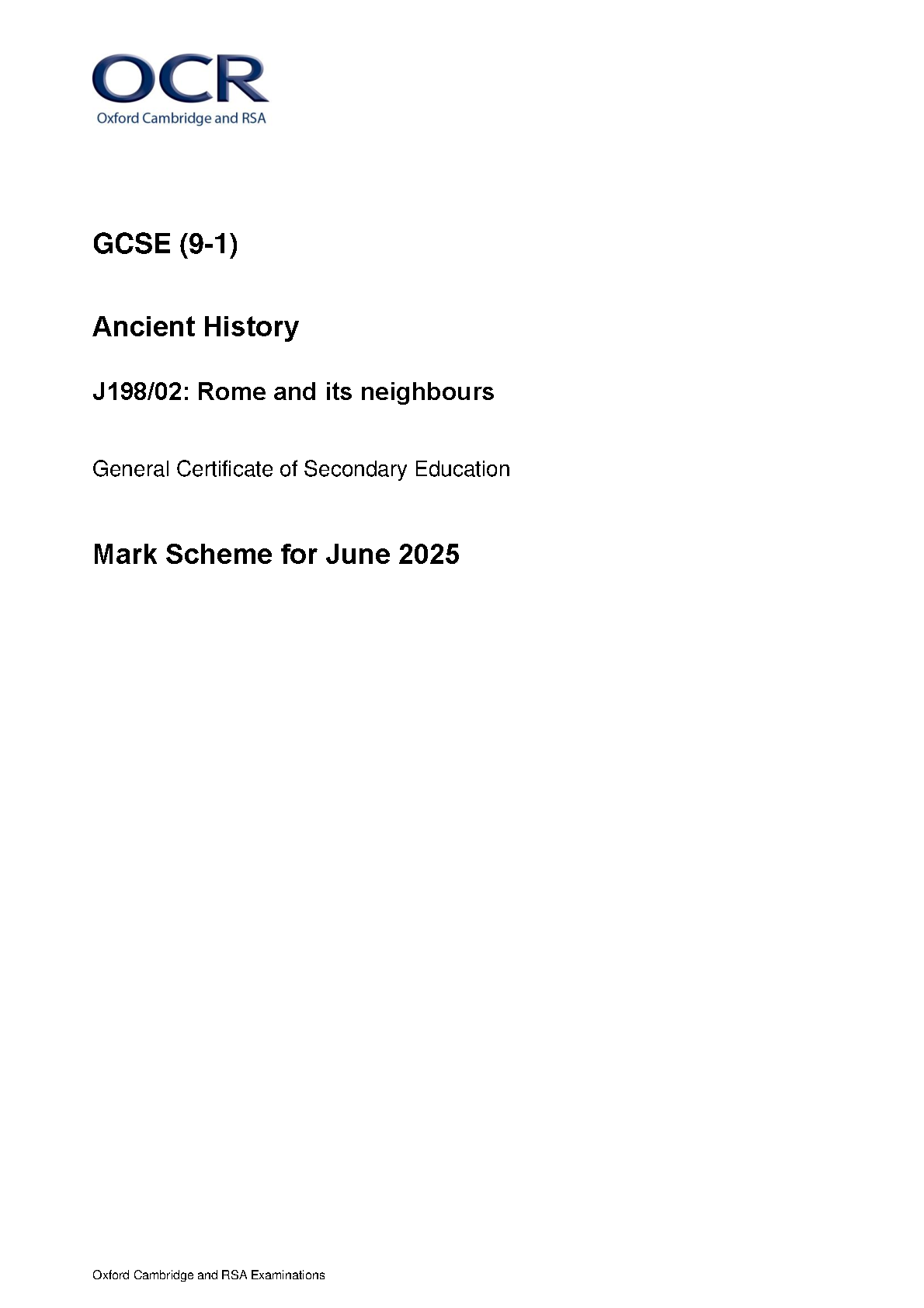 OCR GCSE Ancient History Paper 2 2025 Mark Scheme