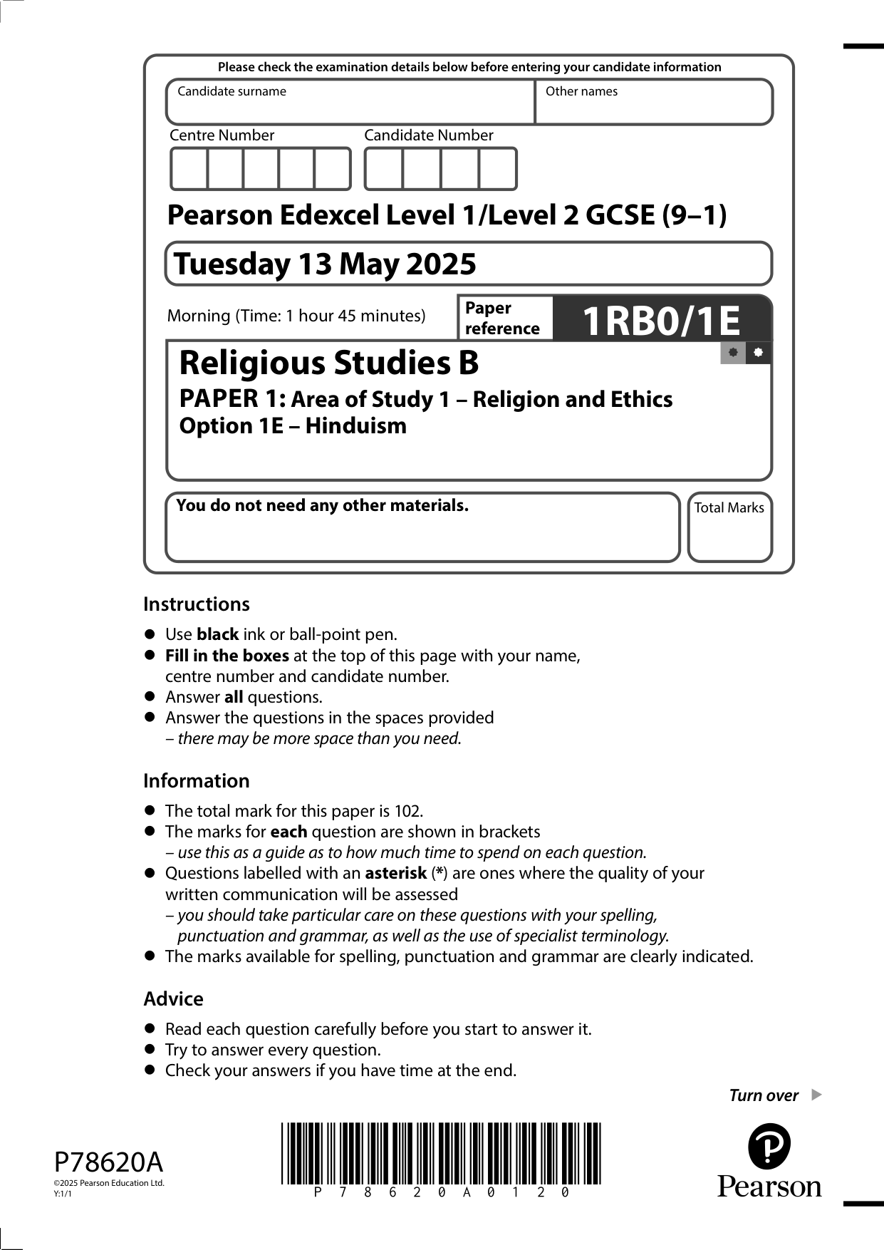 Pearson Edexcel GCSE Religious Studies Paper 1 2025 QP