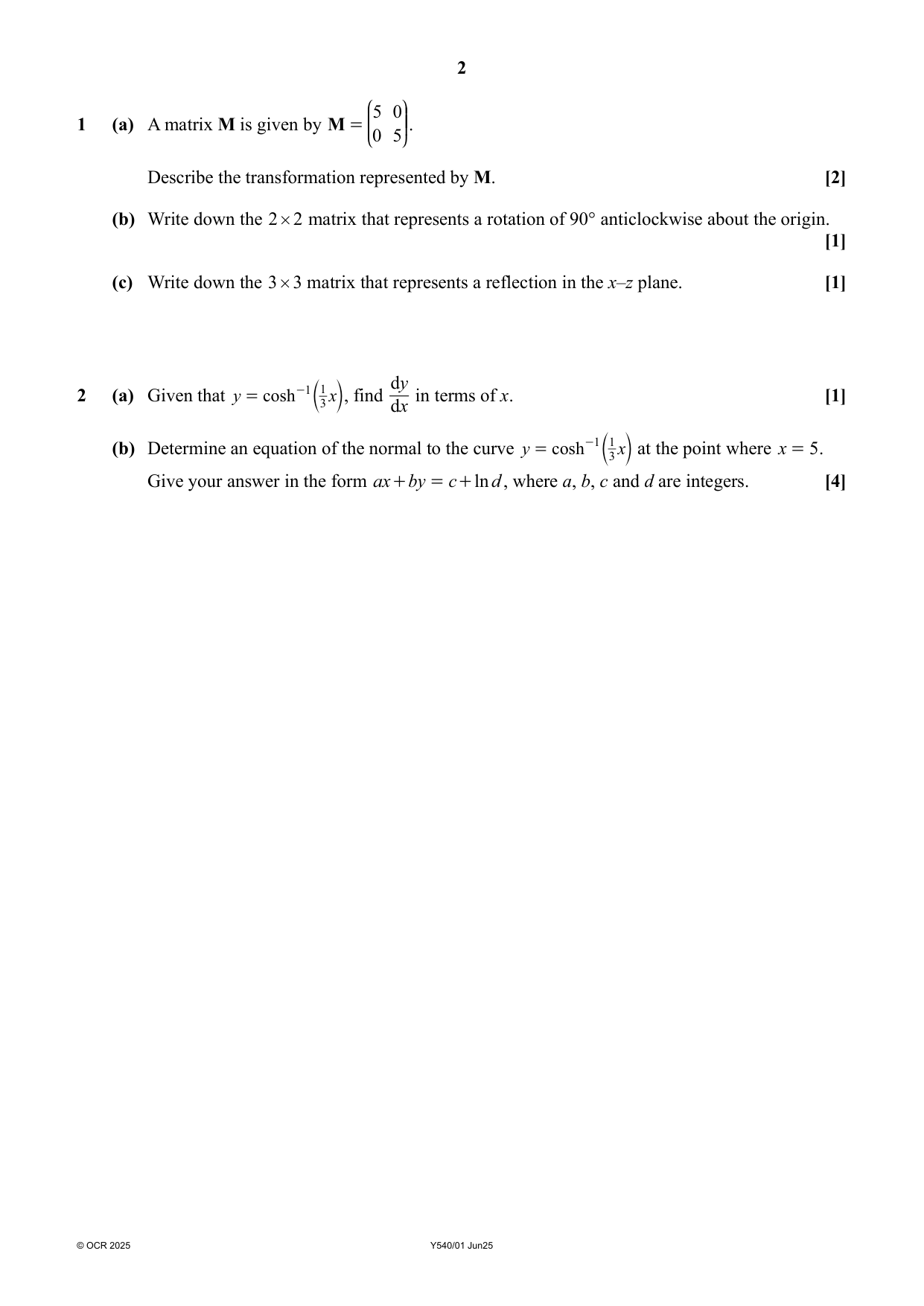 OCR A Level Further Mathematics A PureCore 1 Paper 1 2025 QP