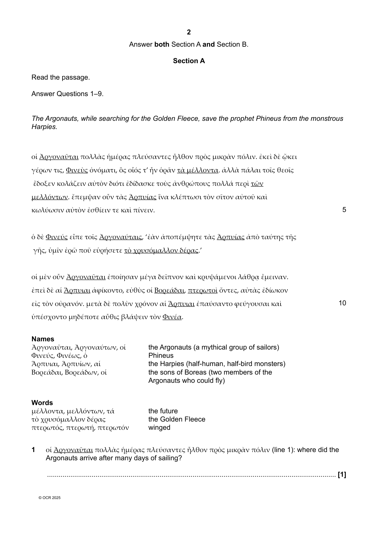 OCR GCSE Classical Greek Paper 1 2025 Question Paper