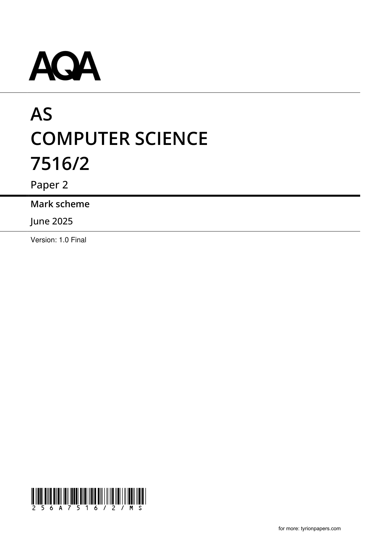 AQA AS Computer Science Paper 2 2025 Mark Scheme