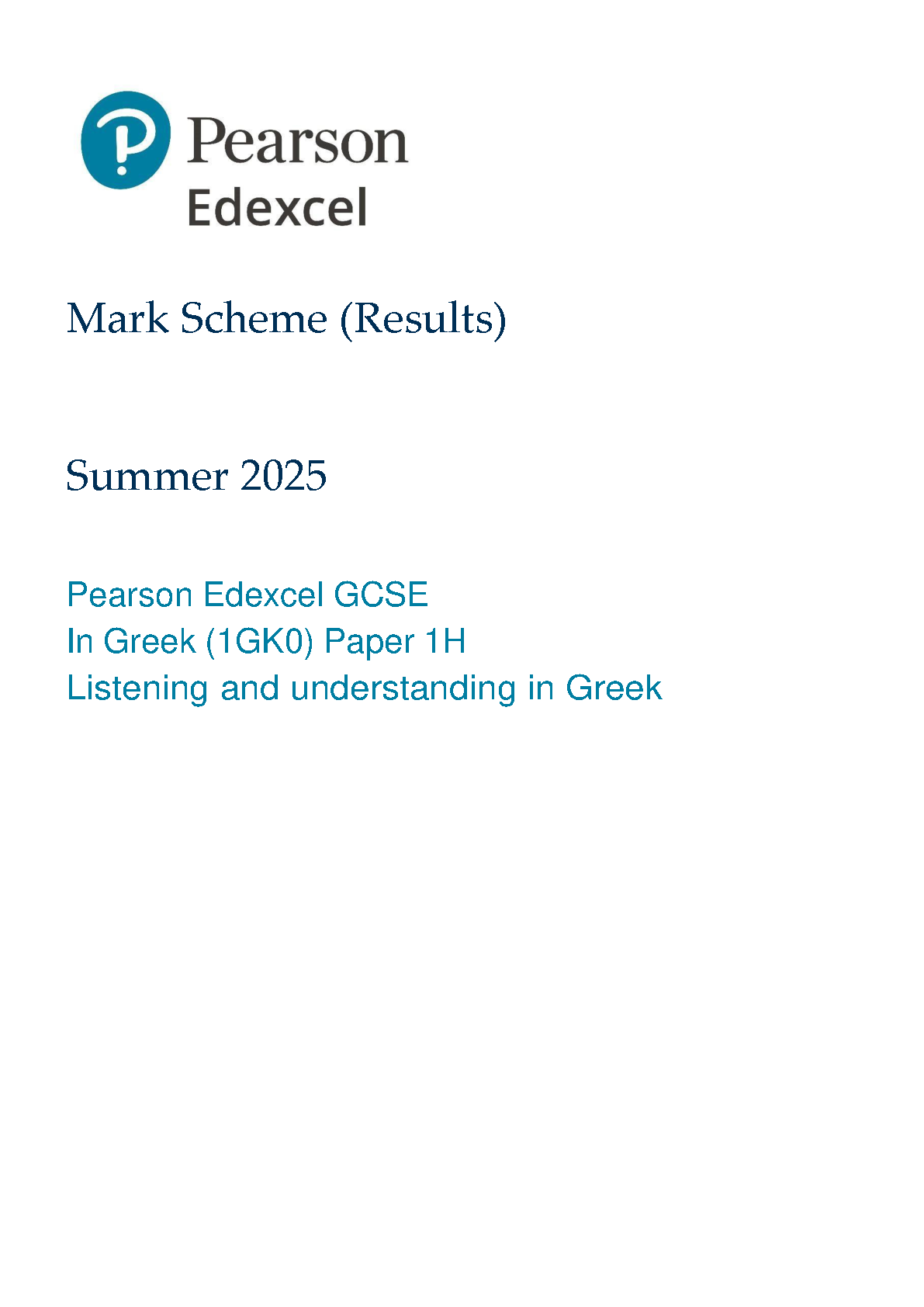 Pearson Edexcel GCSE Greek Paper 1H 2025 Mark Scheme PDF IMG-1
