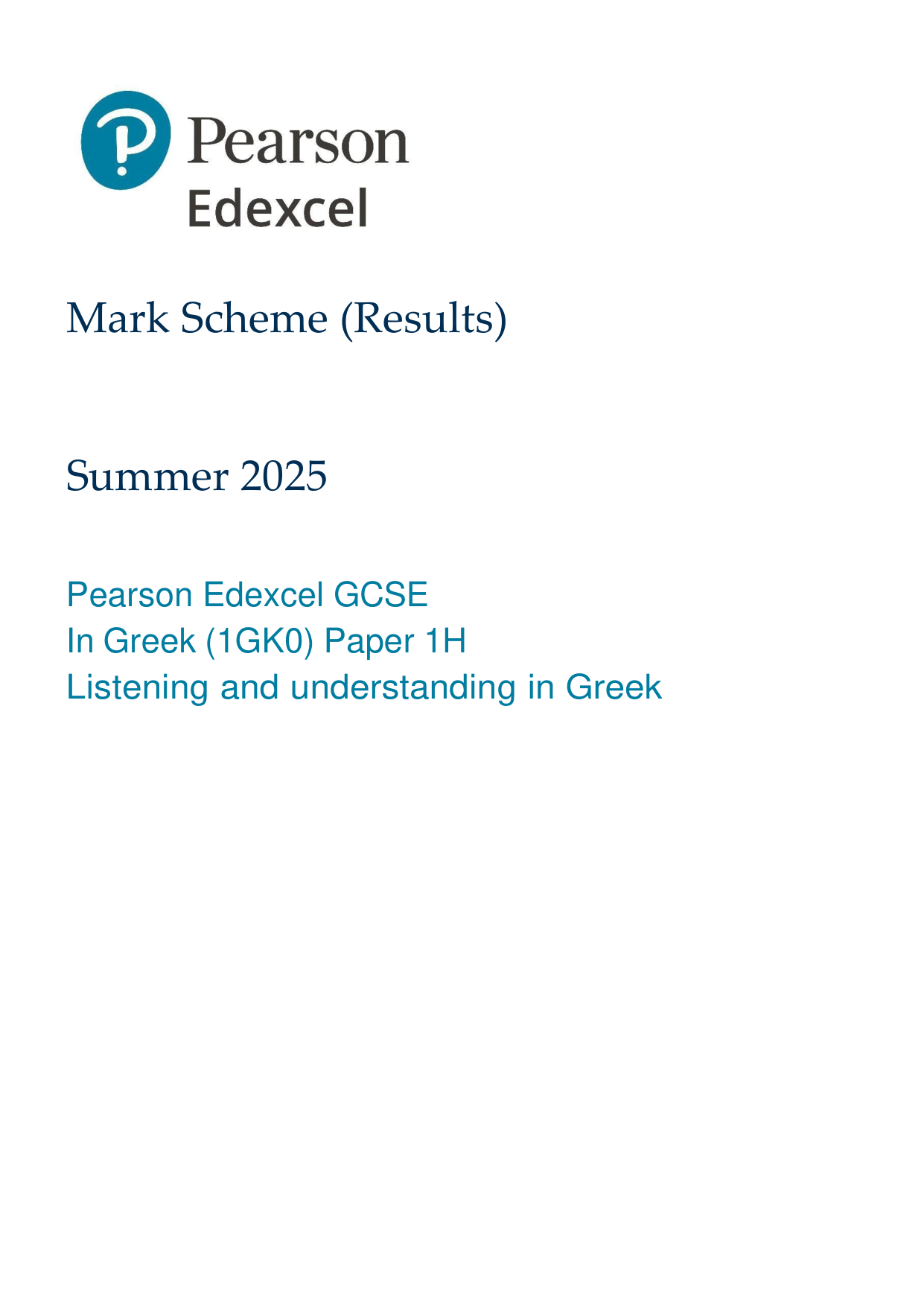 Pearson Edexcel GCSE Greek Paper 1H 2025 Mark Scheme PDF
